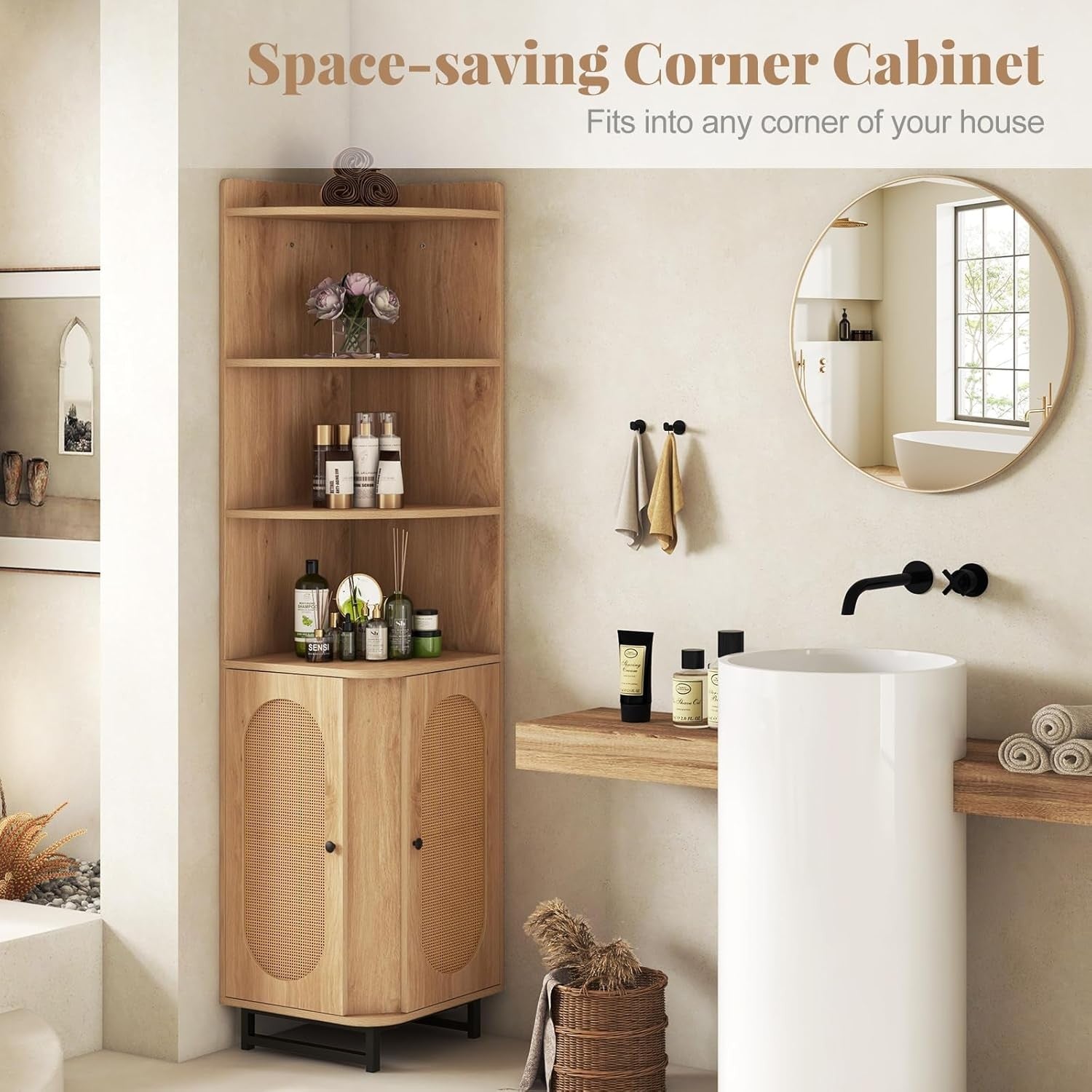 Tall Corner Storage Cabinet with Rattan Doors, 172cm Modern Shelving Unit