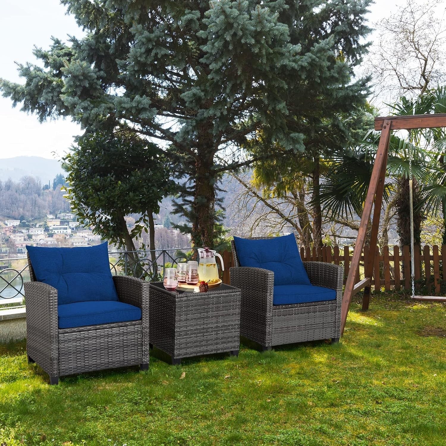 3PC Rattan Garden Bistro Set Chairs Table Cushions Patio Balcony Navy Set