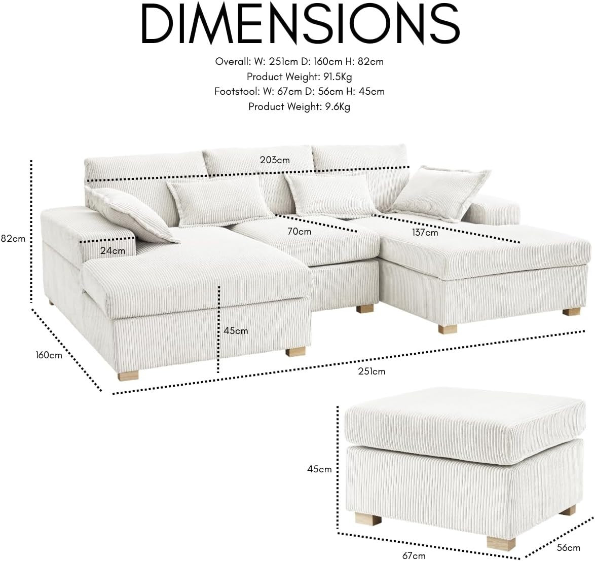 U-Shape Fabric Sofa Jumbo Cord 4-Seater Cream | Deep Seat + Optional Footstool