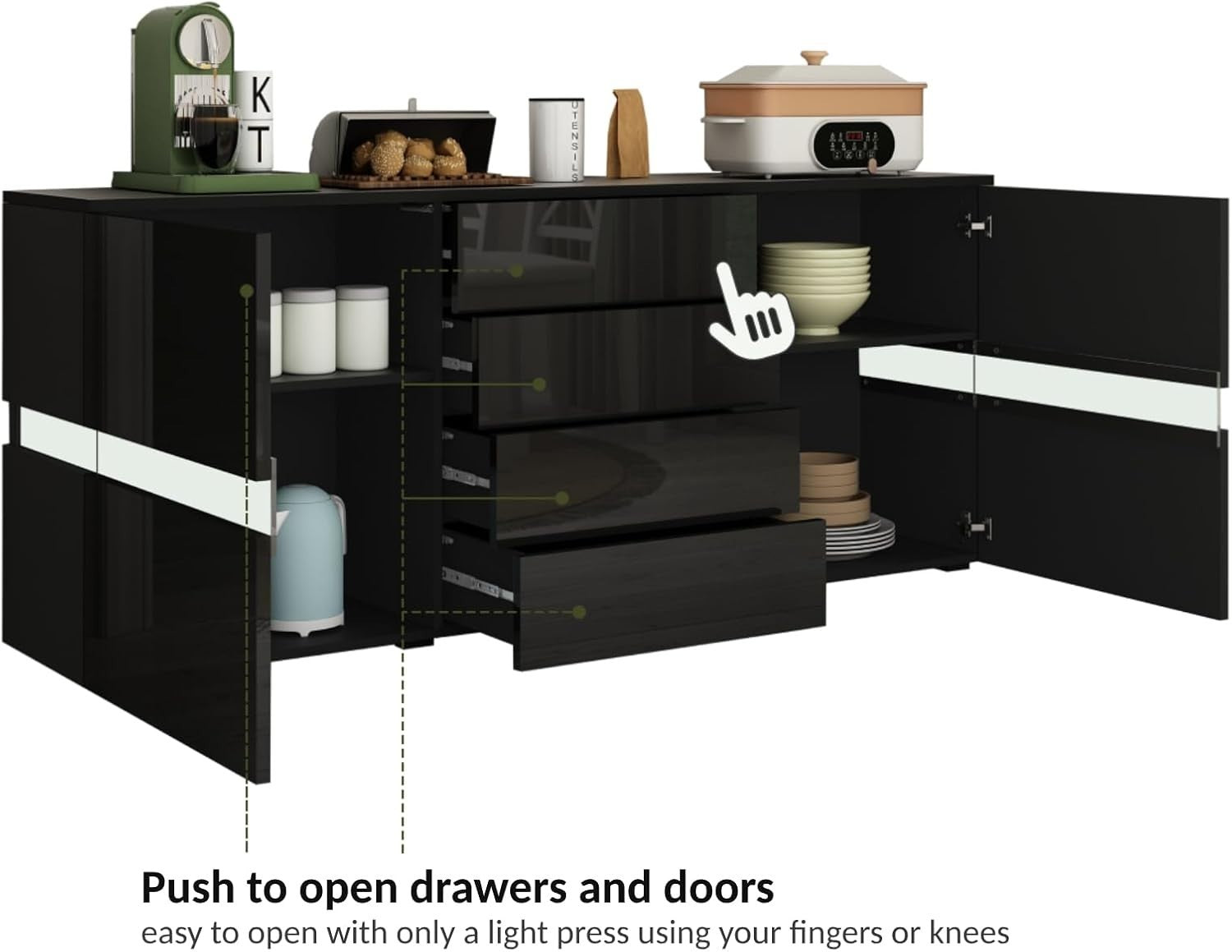 Black LED Sideboard Cabinet High Gloss 2 Door 4 Drawer Storage Unit