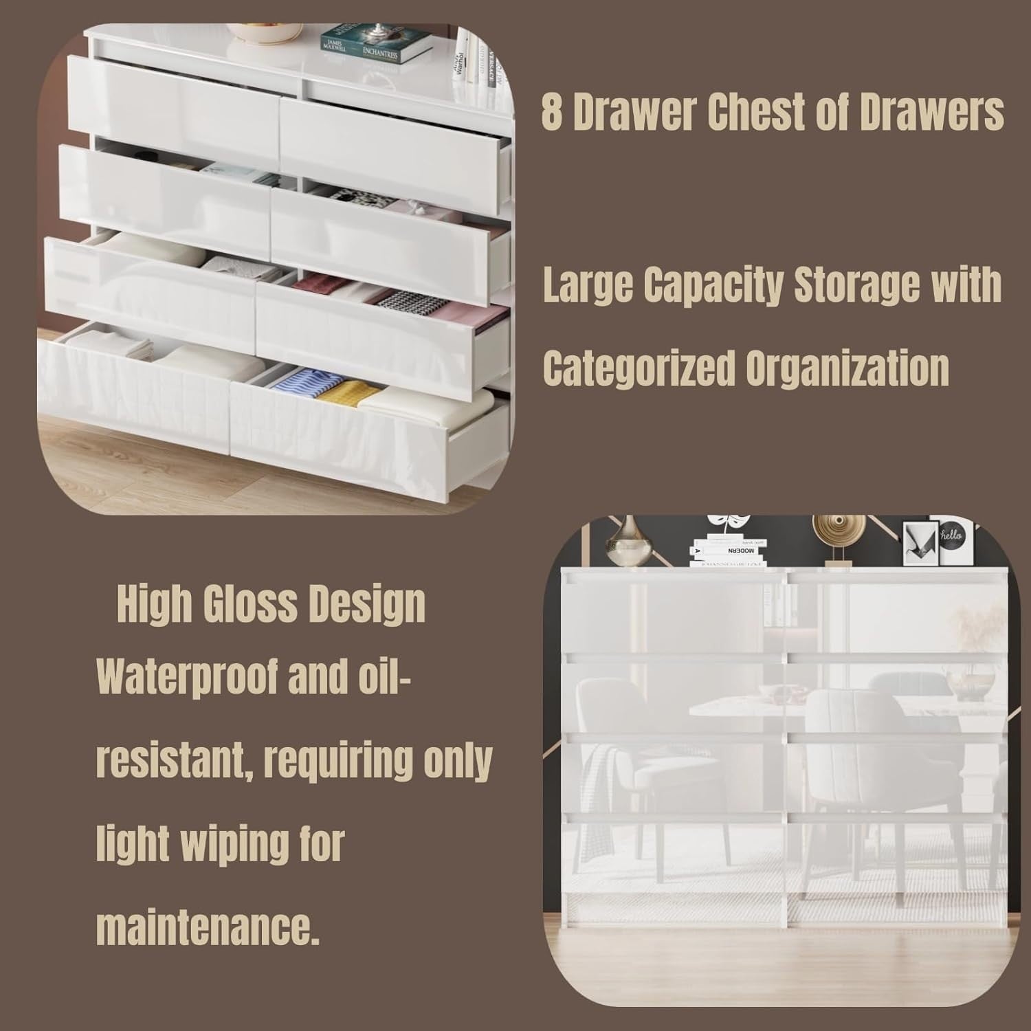 White Gloss Chest of Drawers 8 Drawer Storage Cabinet Bedroom Modern