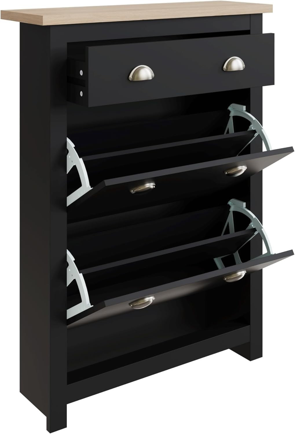 Foldable 2 Door 1 Drawer Shoe Cabinet with Oak Top 78x24x108 cm Black