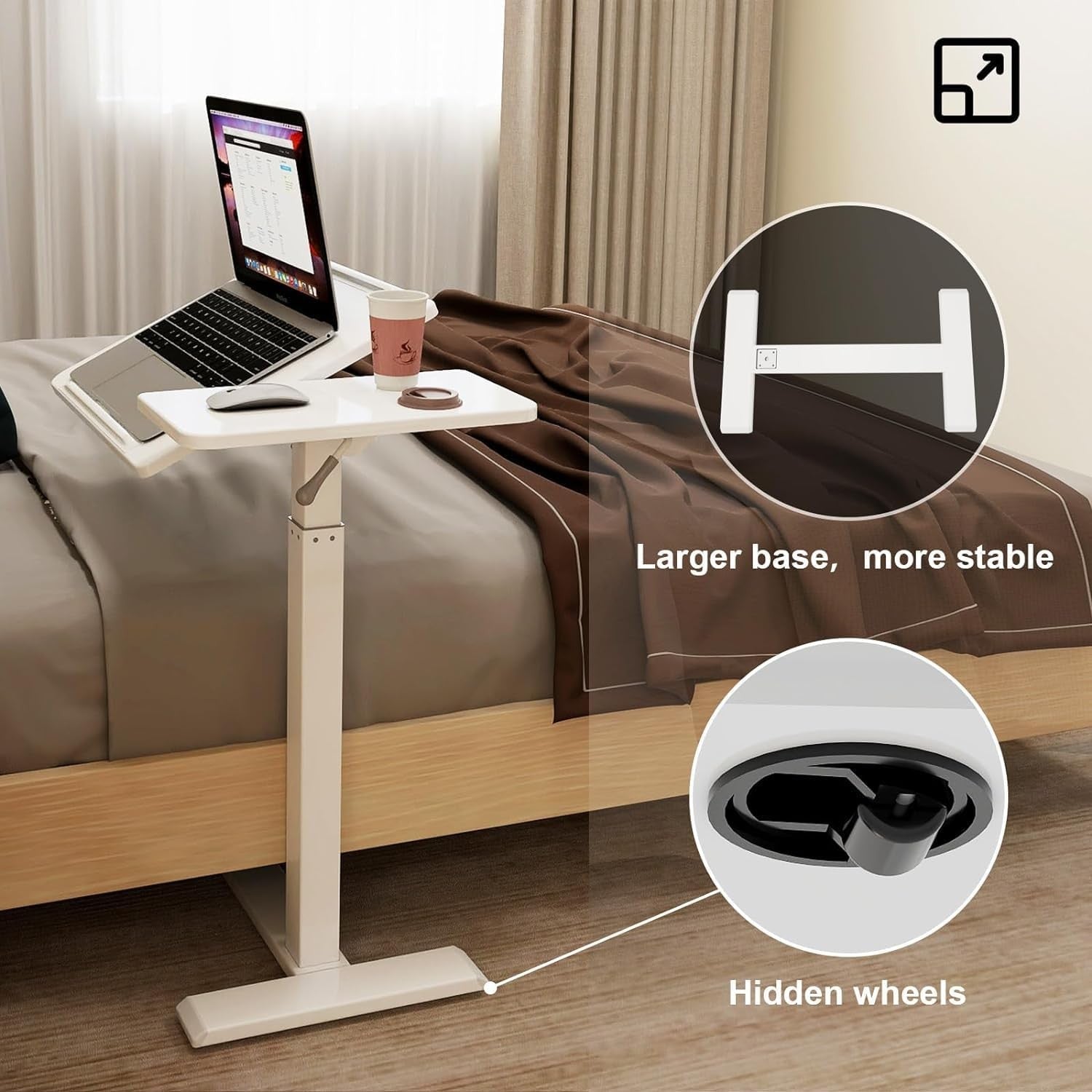Adjustable Overbed Table with Wheels Split Top Laptop Desk Pneumatic