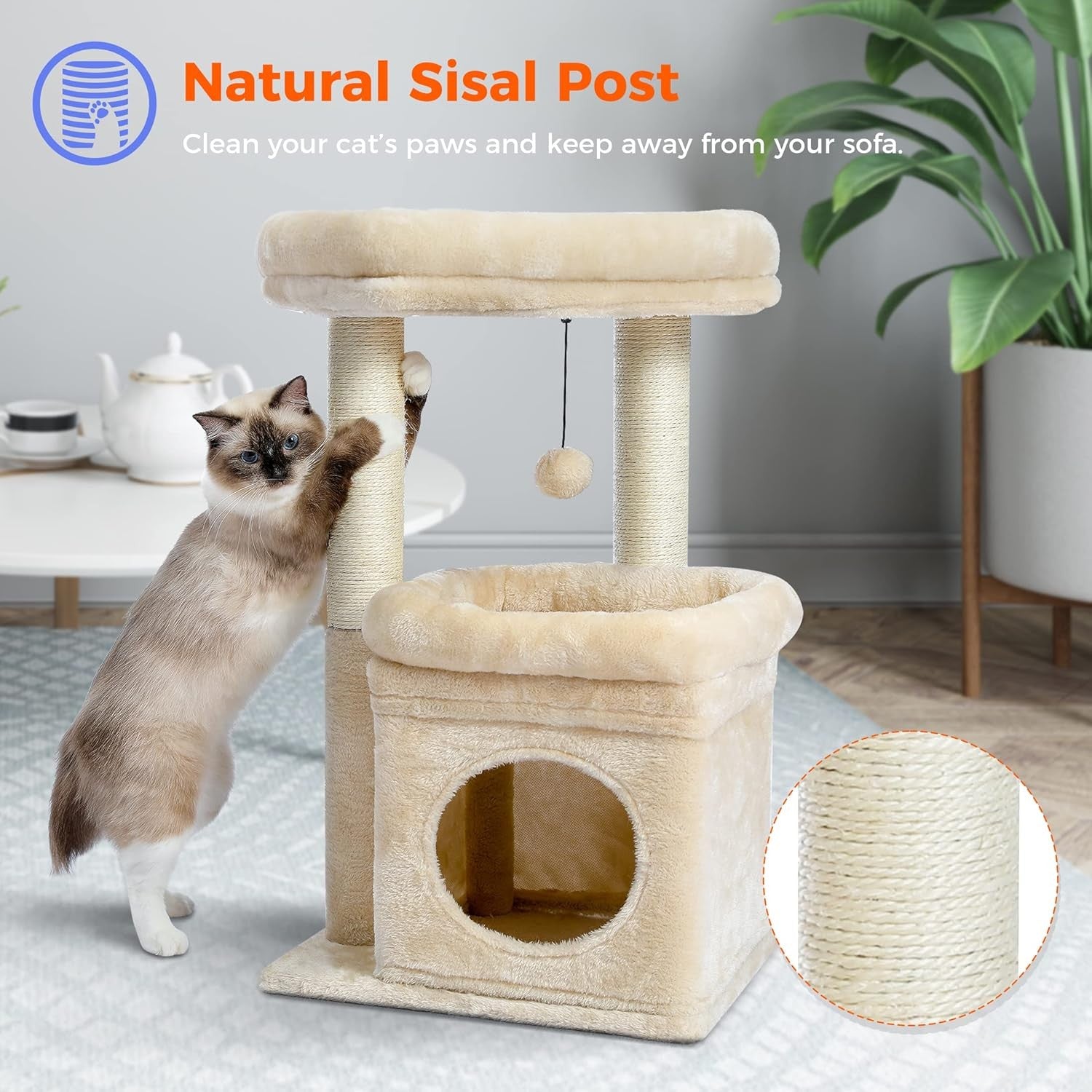 Small Cat Tree Tower with Condo Top Perch Sisal Scratching Post Beige