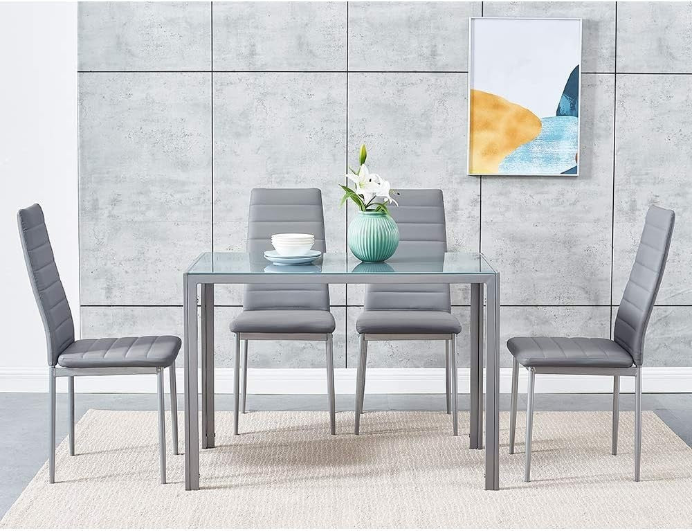 Tempered Glass Dining Table & 4 PU Leather Chairs - Modern, Durable Set