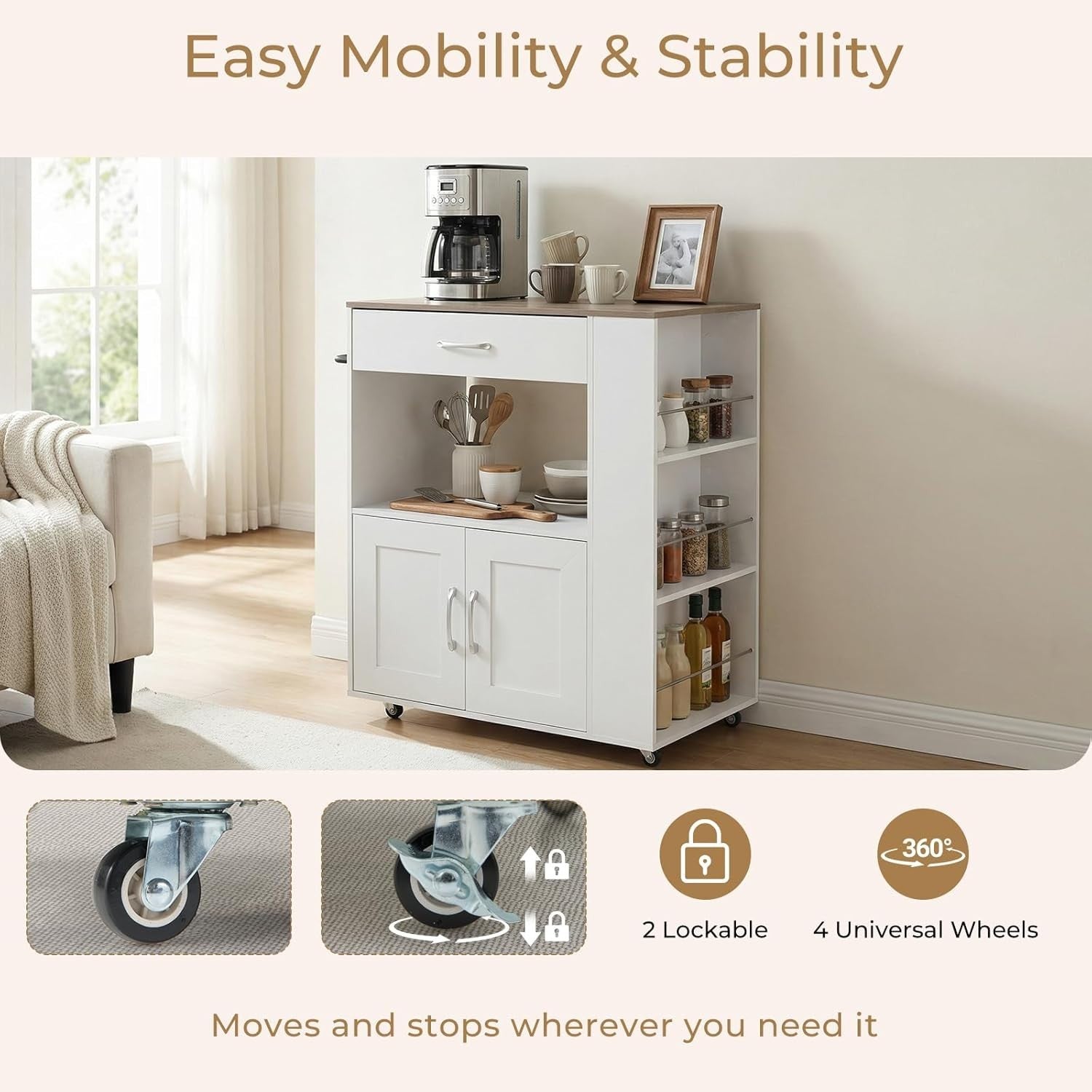 Kitchen Island Trolley with Power Outlet Cabinet White