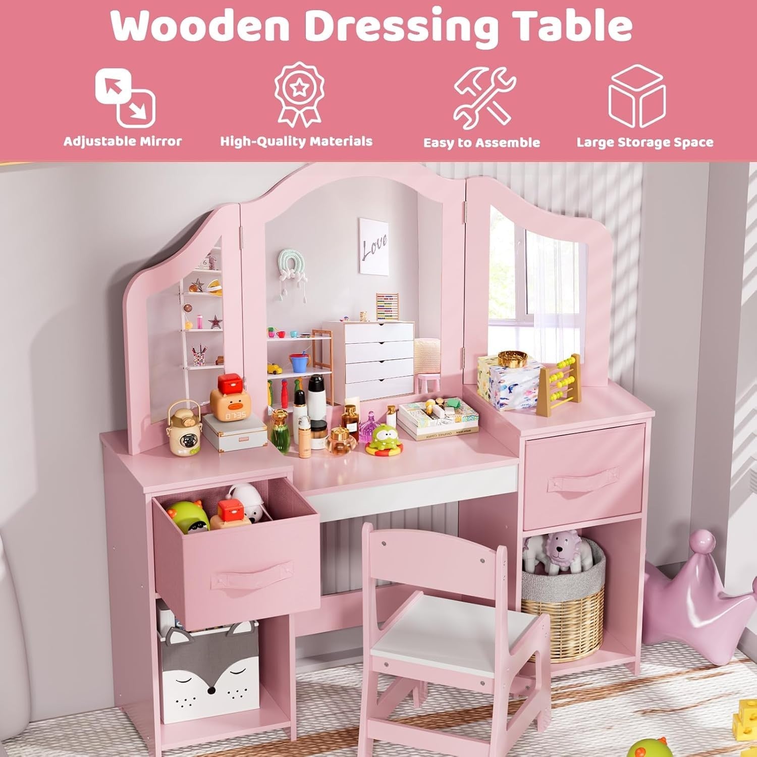 Kids Vanity Dressing Table Set with Tri-Fold Mirror, Stool & Storage Pink