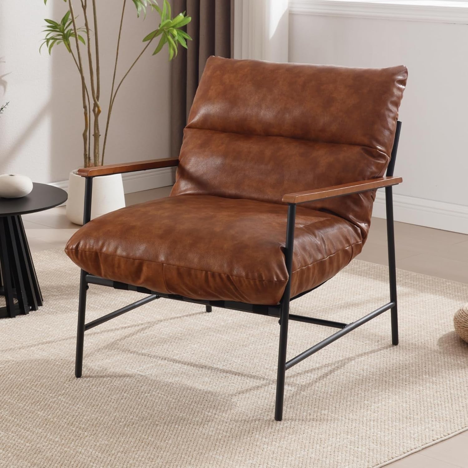 Modern PU Leather Accent Chair Brown Armrest Lounge Office Seat
