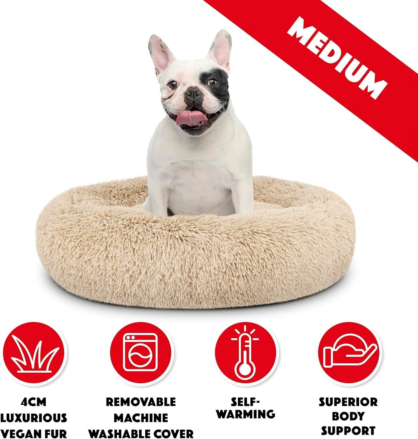 Medium Calming Donut Dog Bed 76cm Plush Round Nest Beige