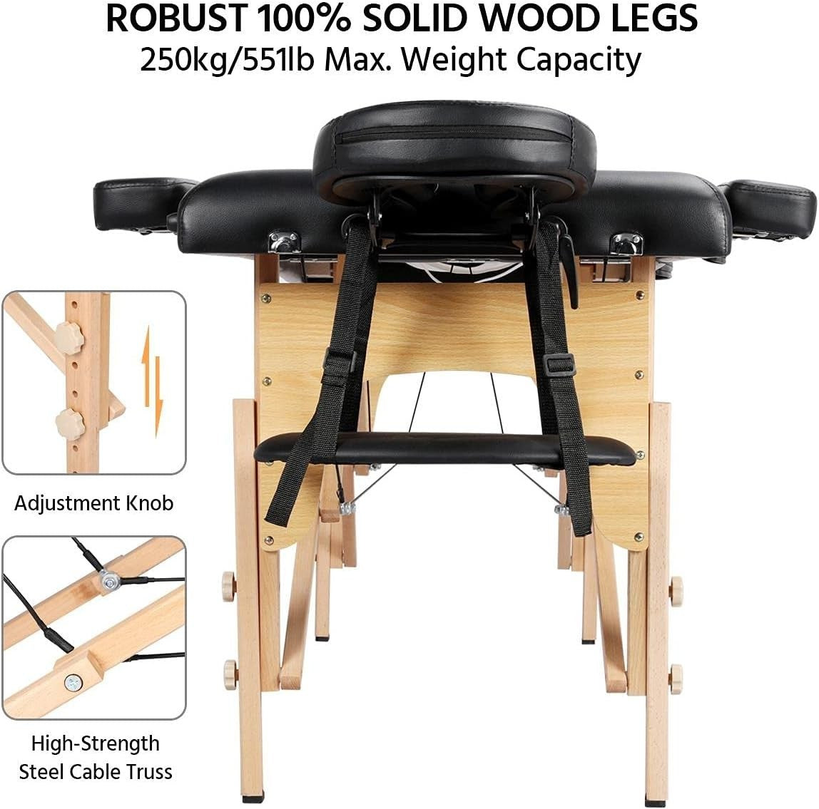 Portable Wood Massage Table Folding 2-Section Beauty Lash Bed Black 60cm Width