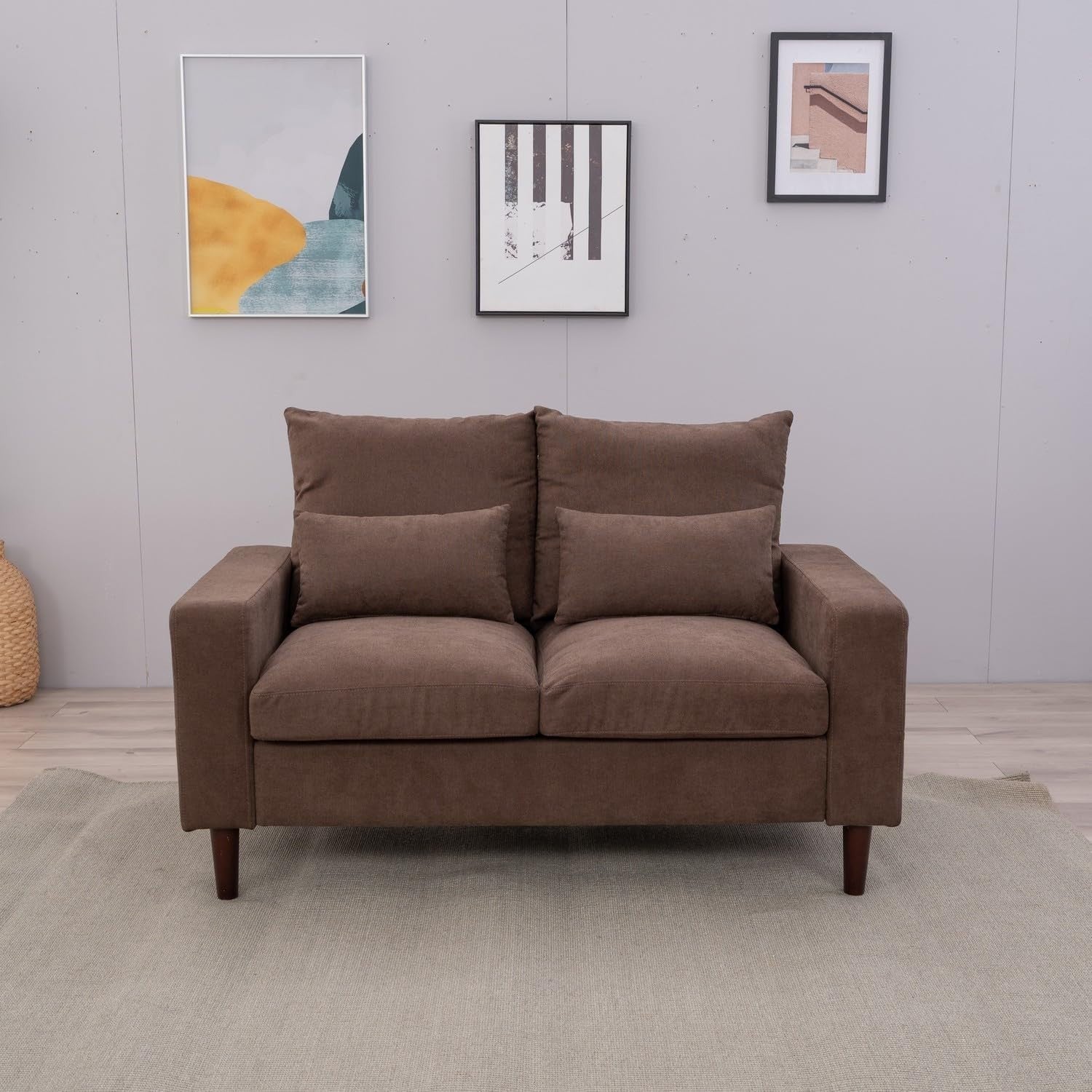 3+2 Seater Sofa Set Brown Linen Cushions Modern Compact Fabric Couch Suite