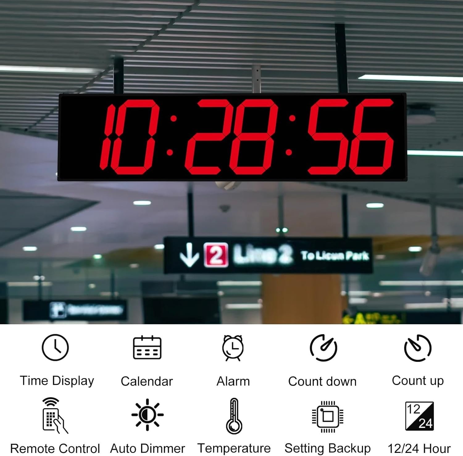 Large LED Wall Clock Double Sided Digital Timer Temp Date Display 28"