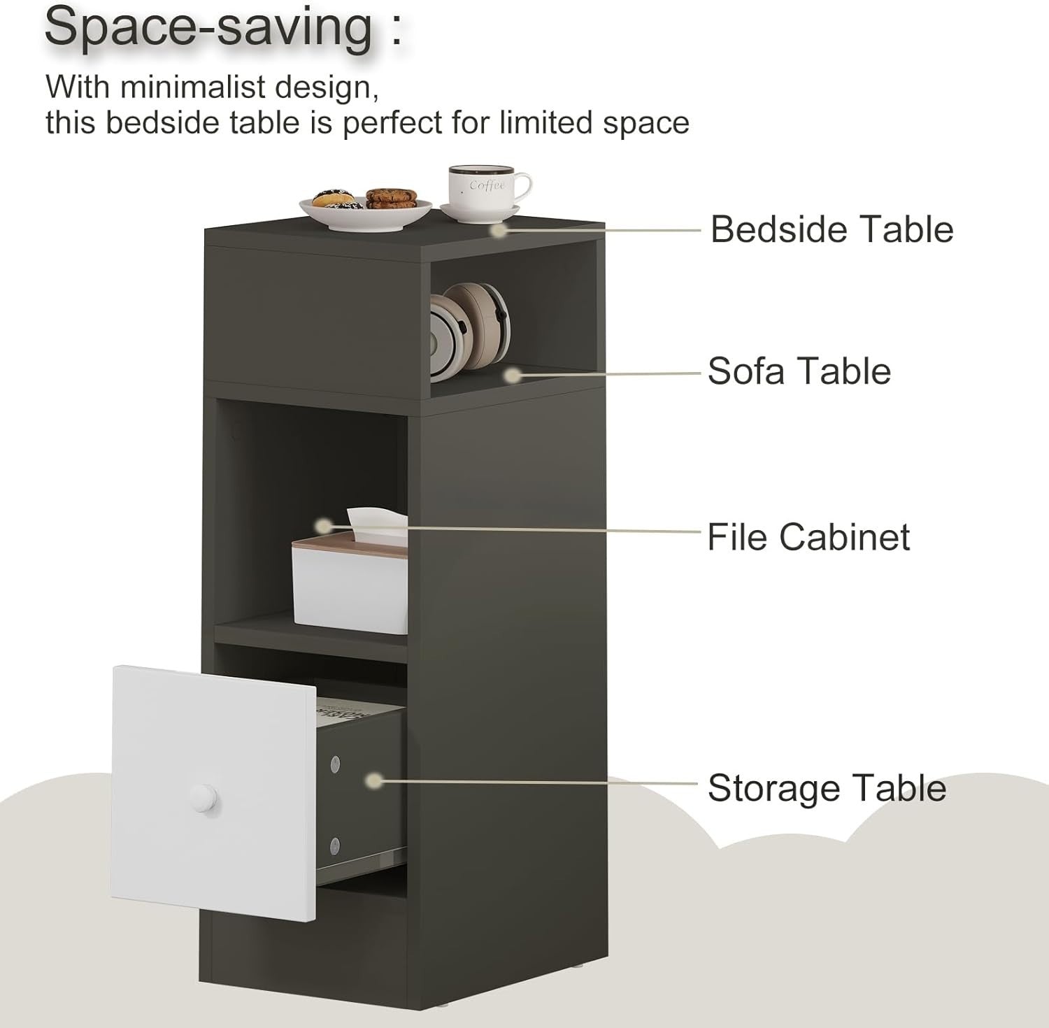 Set of 2 Slim Dark Grey Bedside Tables with Drawer & Open Shelves 25x30x66cm