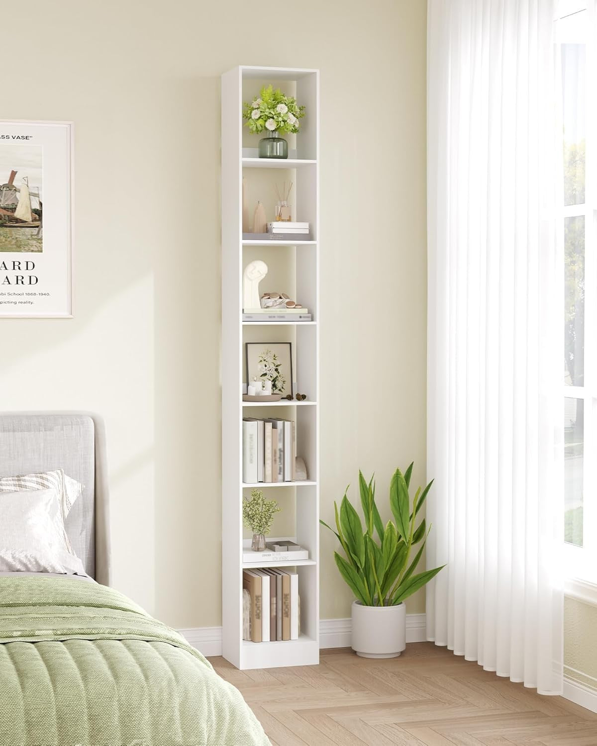 Modern 7-Tier White Wooden Bookshelf, Adjustable Shelves, 24x30x214 cm