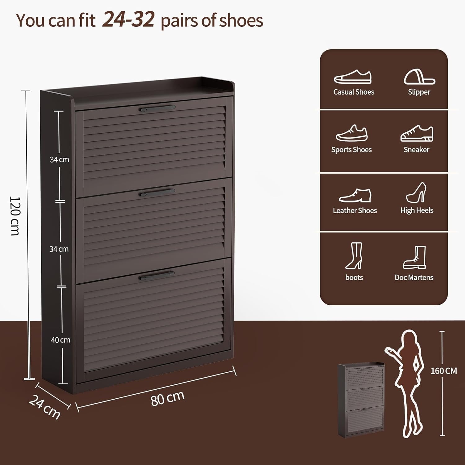 Slim Wooden Shoe Cabinet 3-Door Flip Storage Adjustable Dividers Coffee