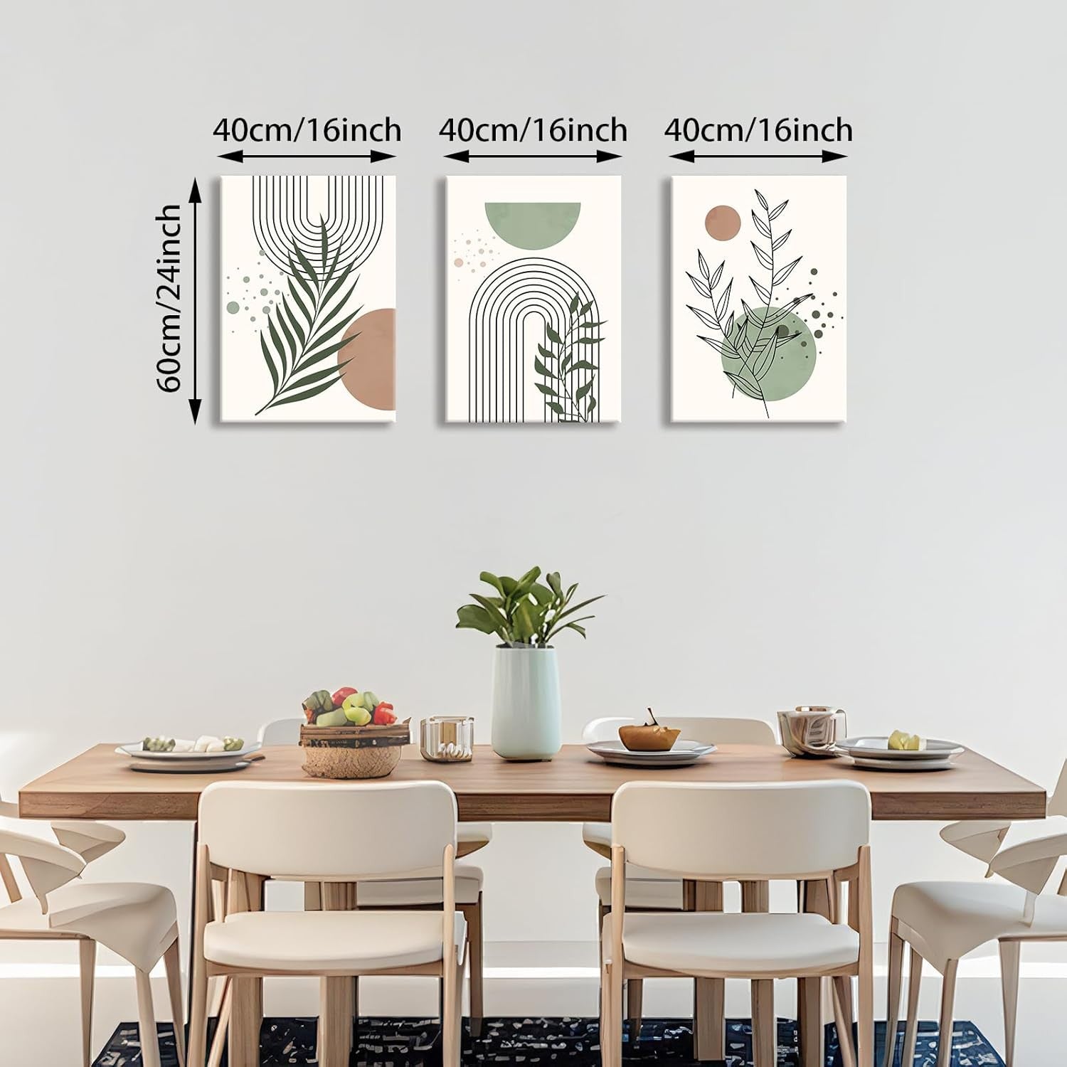 3Pcs Boho Green Botanical Canvas Wall Art 40x60cm Modern Framed Decor
