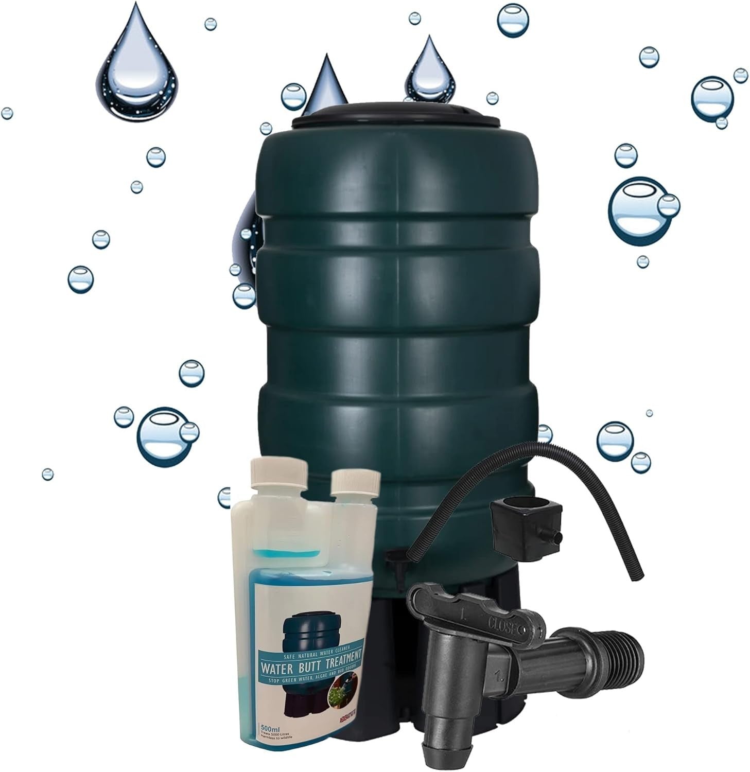 250L Water Butt with Tap, Diverter & Treatment Cleaner, Round, Green