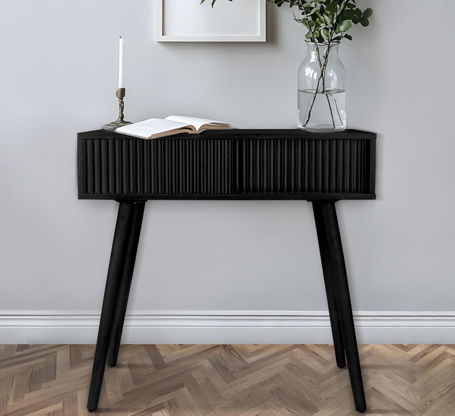 Slim Black Console Table with Fluted Drawer, Narrow Entryway Desk