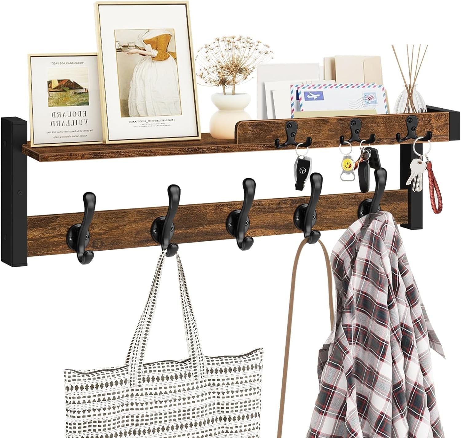 Rustic Wall Coat Rack 29" Wood Shelf with Hooks & Key Holder Entryway Organizer