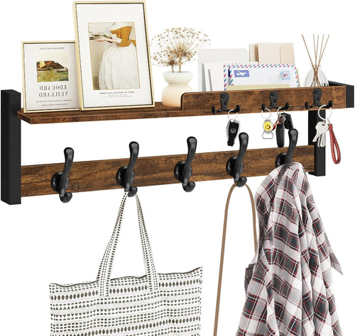 Rustic Wall Coat Rack 29" Wood Shelf with Hooks & Key Holder Entryway Organizer