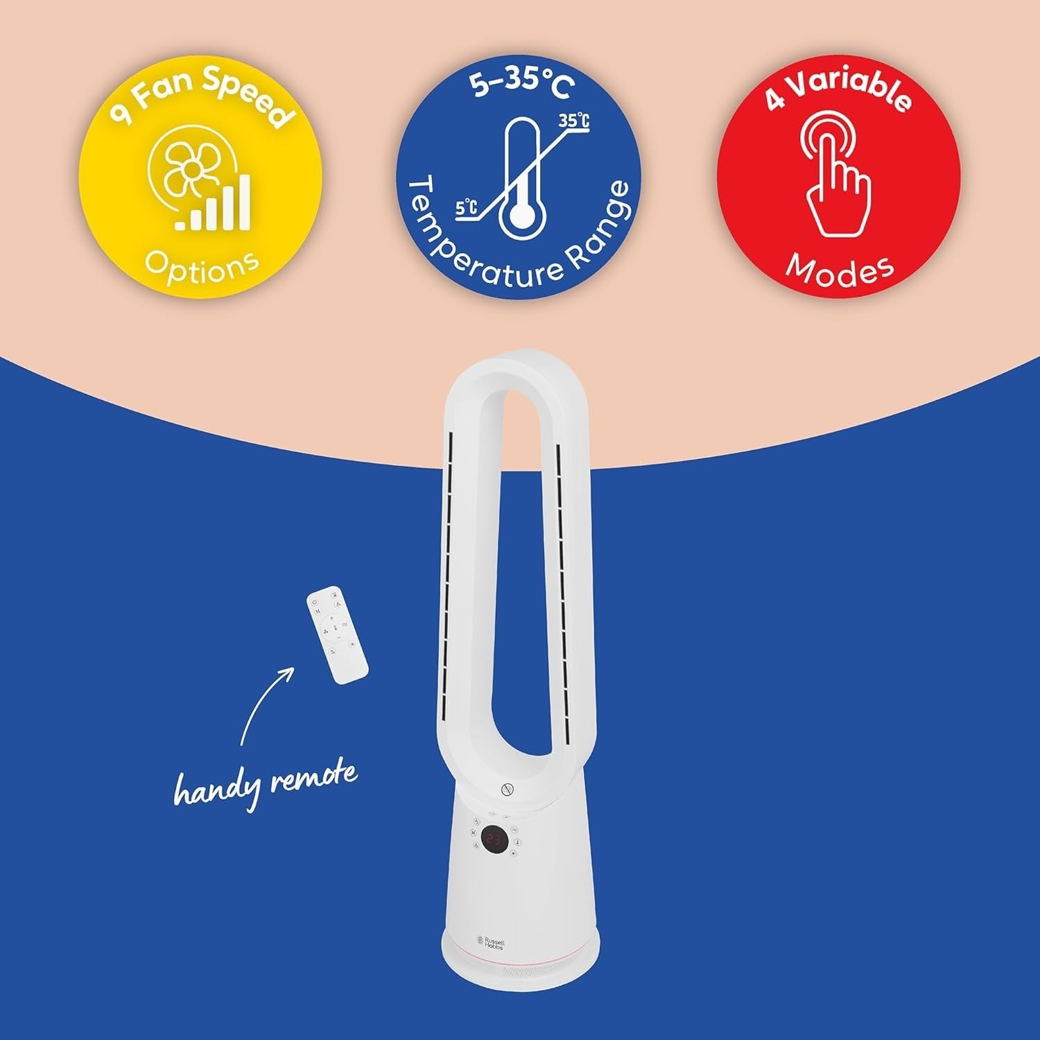 Bladeless Tower Fan & Heater – 2000W 9-Speed LED Display Remote White
