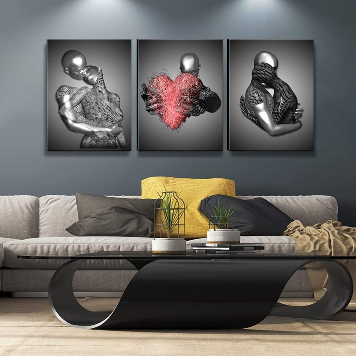 Grey Black 3D Love Heart Canvas Wall Art Set of 3