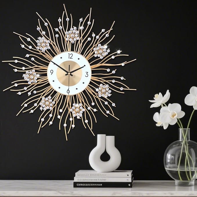 Large Sunflower Wall Clock 50cm Silent Modern Luxury Metal Crystal Home Decor