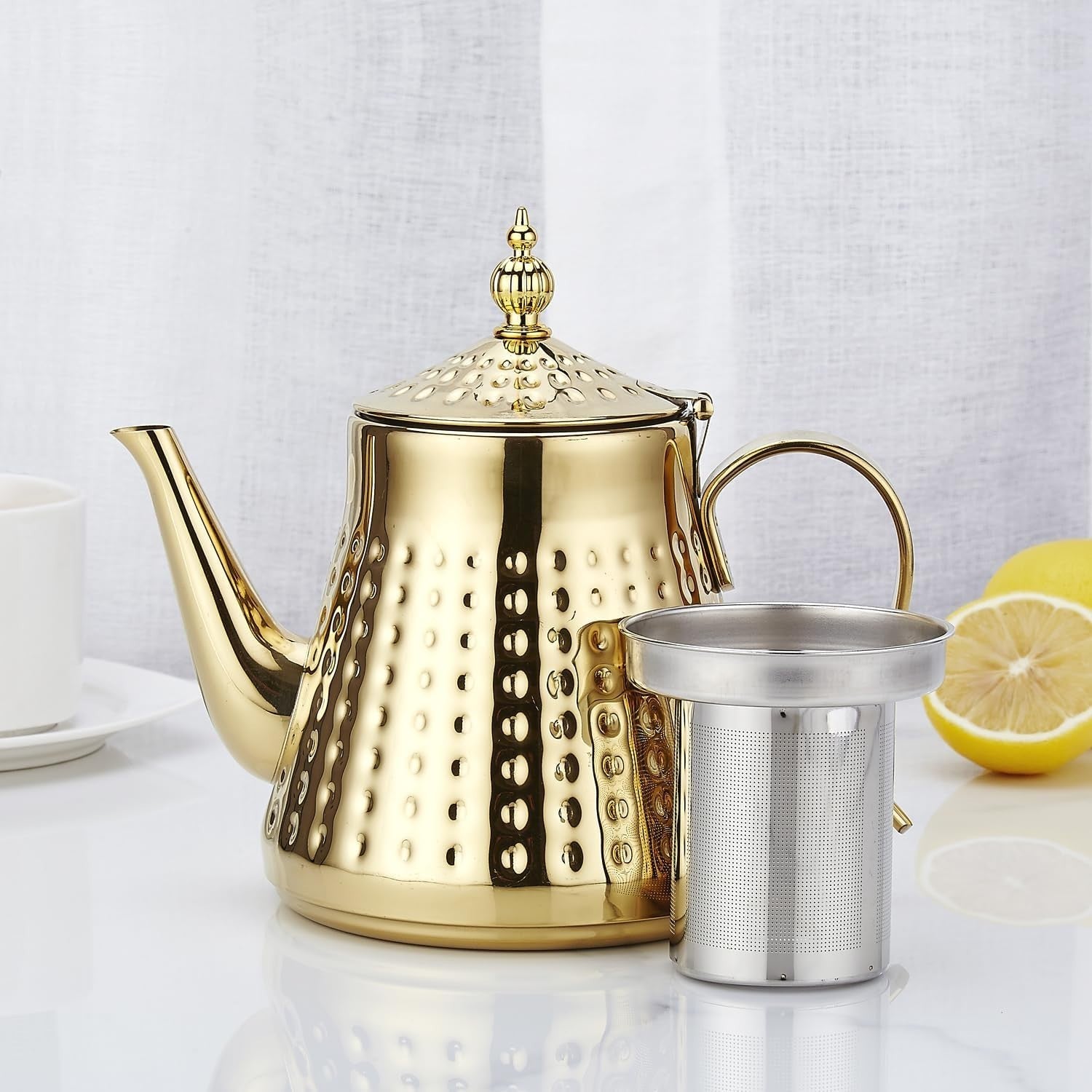 1.2L Gold Stainless Steel Teapot with Infuser Hammered Tea Pot 5 Cup
