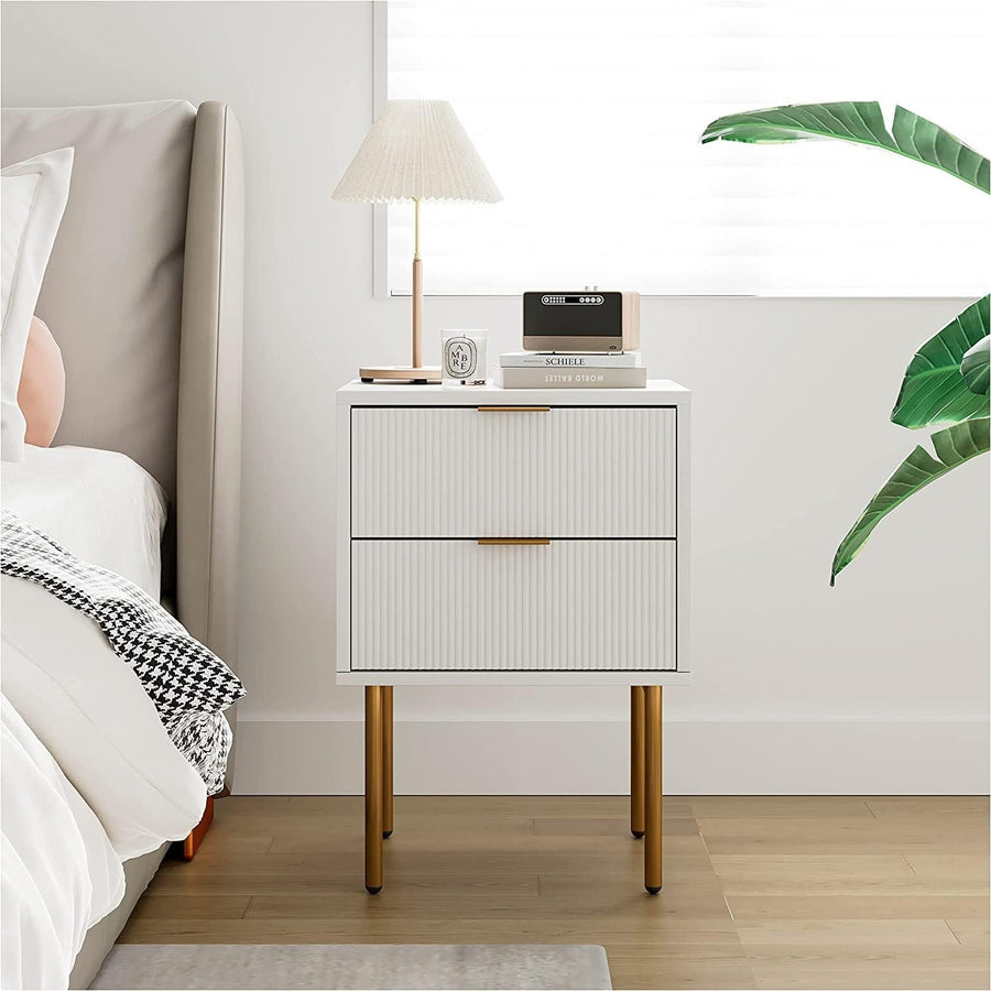 White Bedside Table with 2 Drawers & Gold Legs | Modern Wooden Nightstand