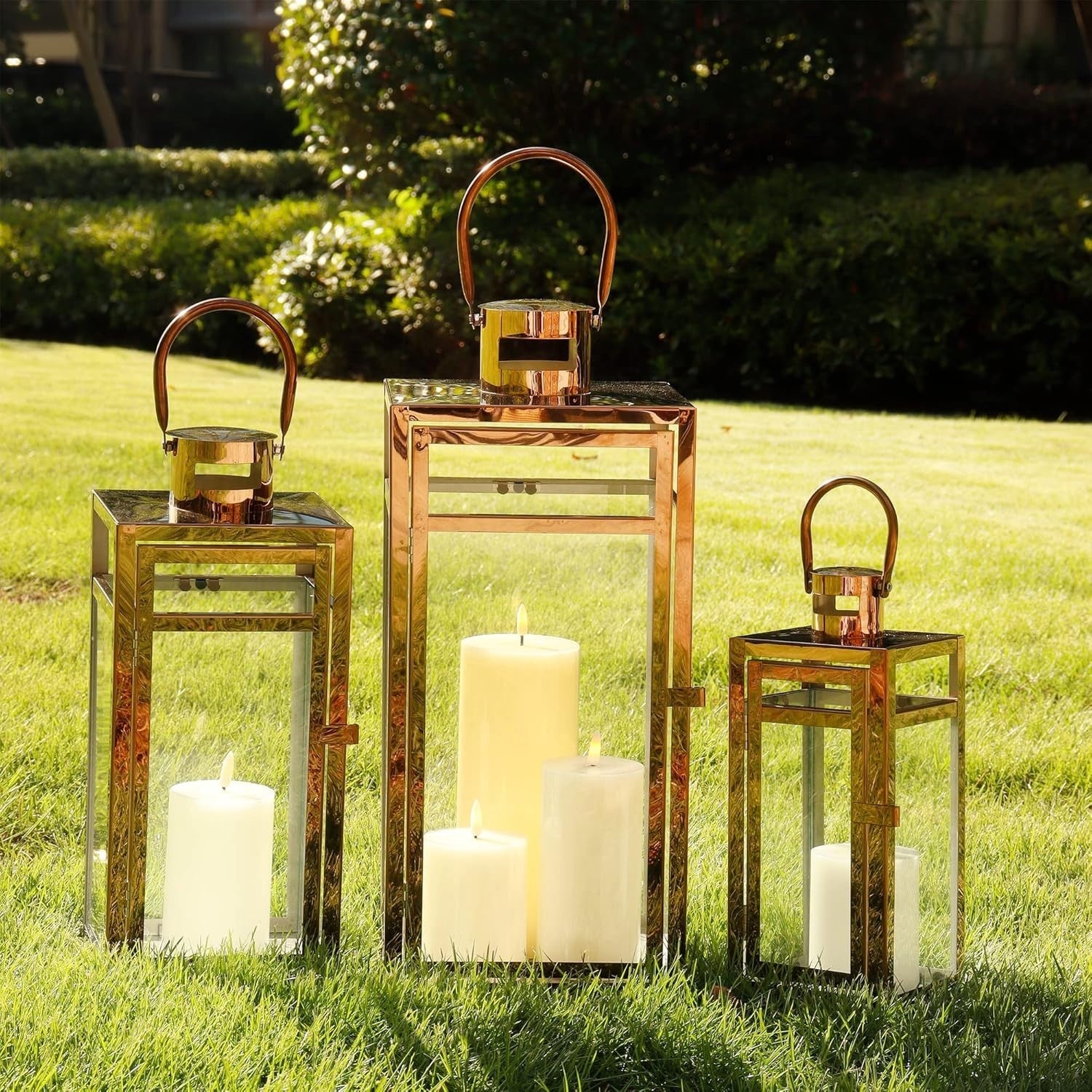 3 Pack Rose Gold Stainless Steel Candle Lanterns Indoor Outdoor Decor