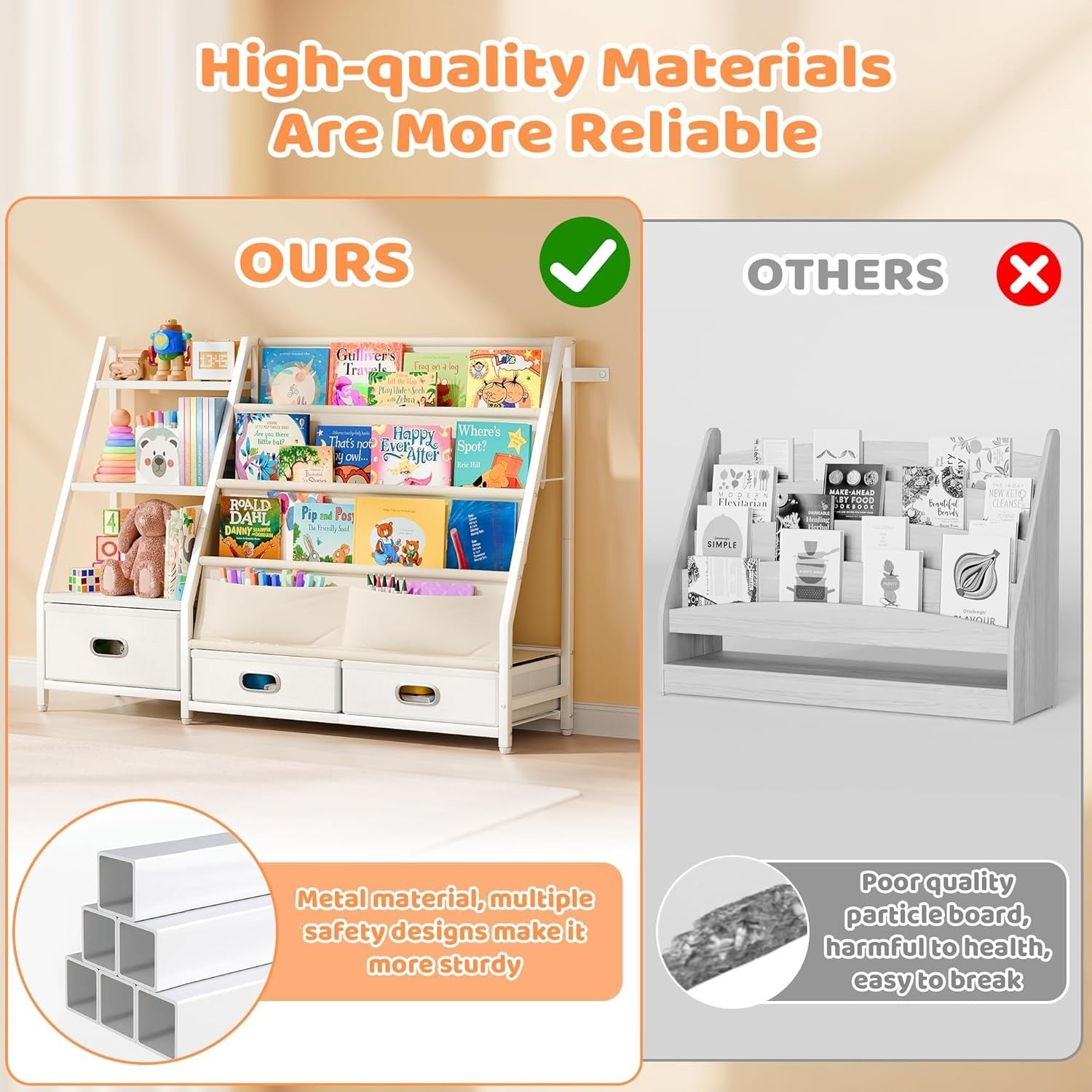 3-Tier Kids Bookshelf with 3 Drawers Toddler Toy Storage Organizer