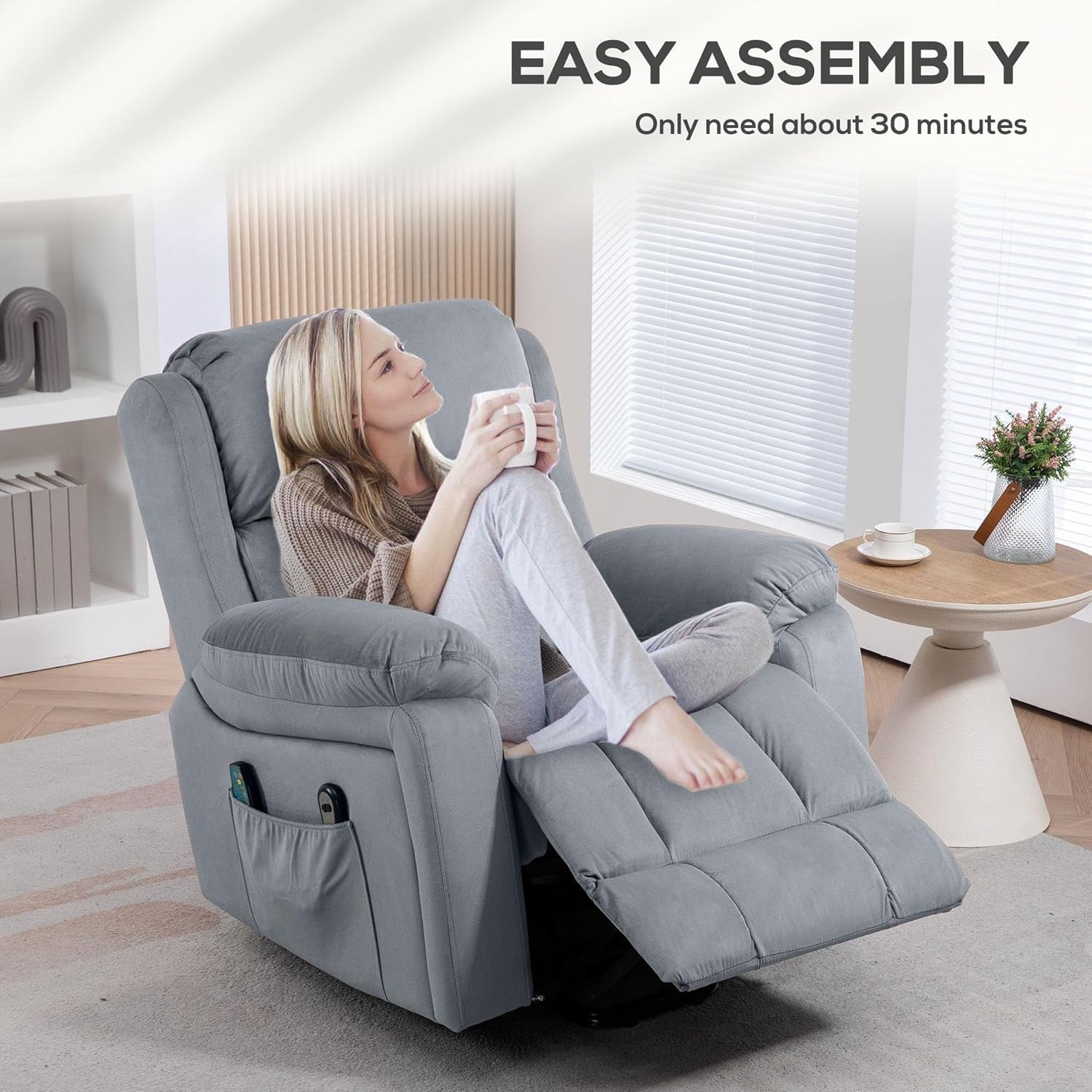 Power Lift Recliner Chair Heat Massage 135° Recline Pocket Spring Leathaire Grey