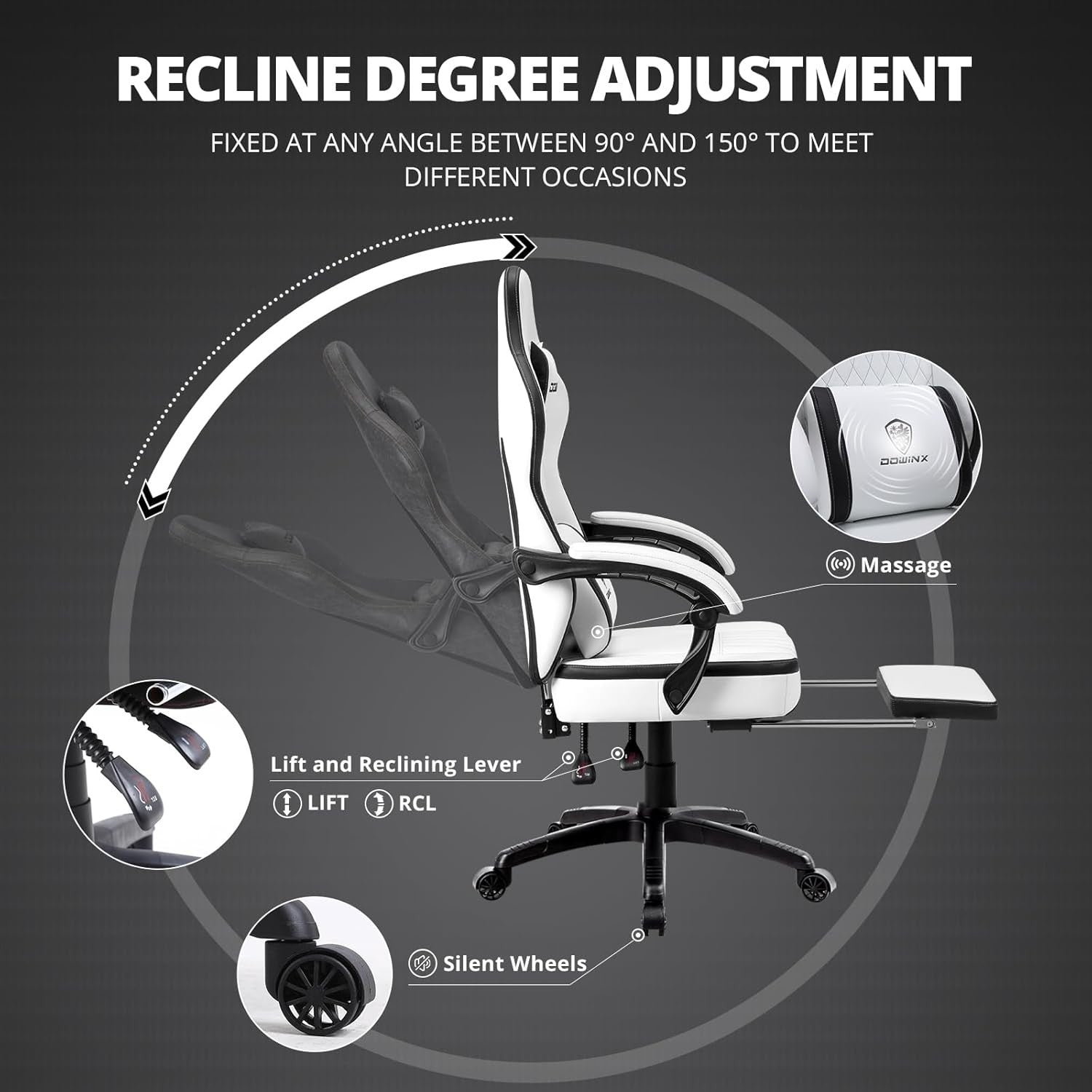Gaming Chair Pocket Spring Cushion Massage Lumbar Footrest B&W