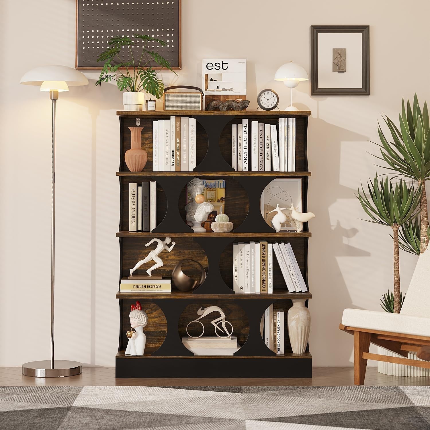 4 Tier Rustic Bookcase with Circular Shelves Industrial Storage Cabinet