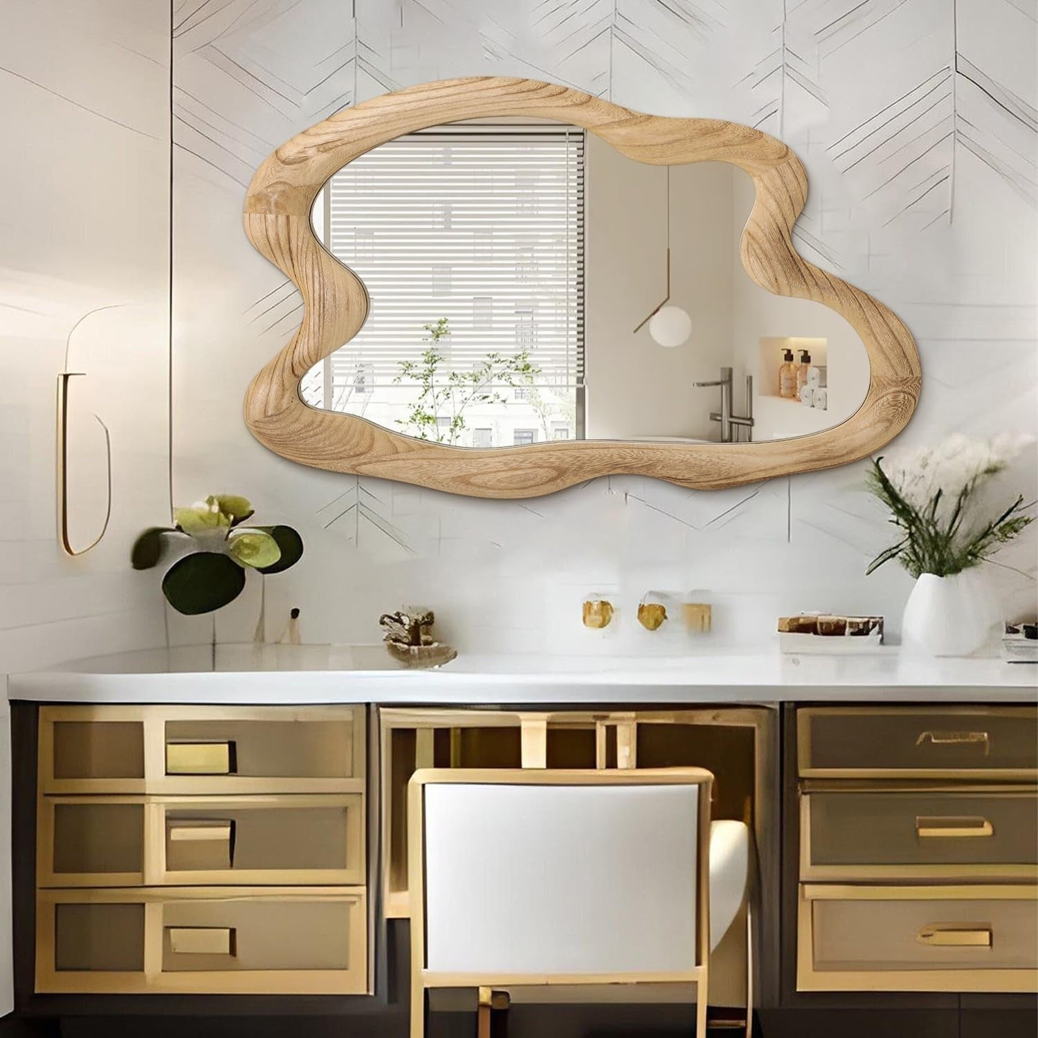 Rustic Irregular Wooden Wall Mirror 70x50cm Decorative & Durable