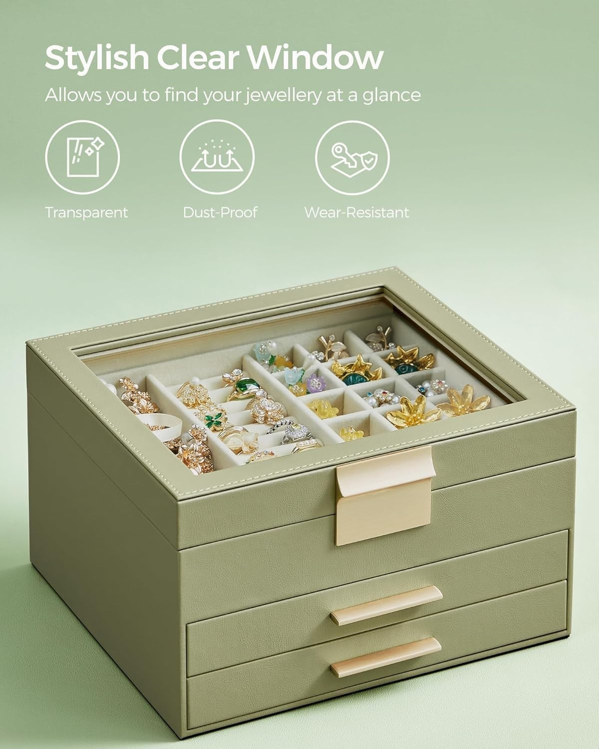 Avocado Green Gold Jewellery Box Glass Lid 3 Tier Organizer with Drawers