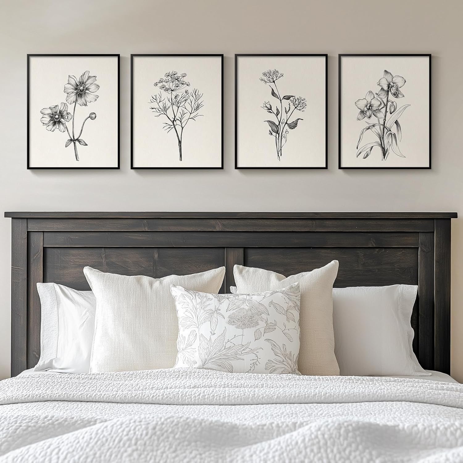 4-Piece Black White Floral Canvas Wall Art Framed Modern Farmhouse Decor