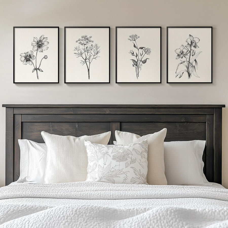 4-Piece Black White Floral Canvas Wall Art Framed Modern Farmhouse Decor