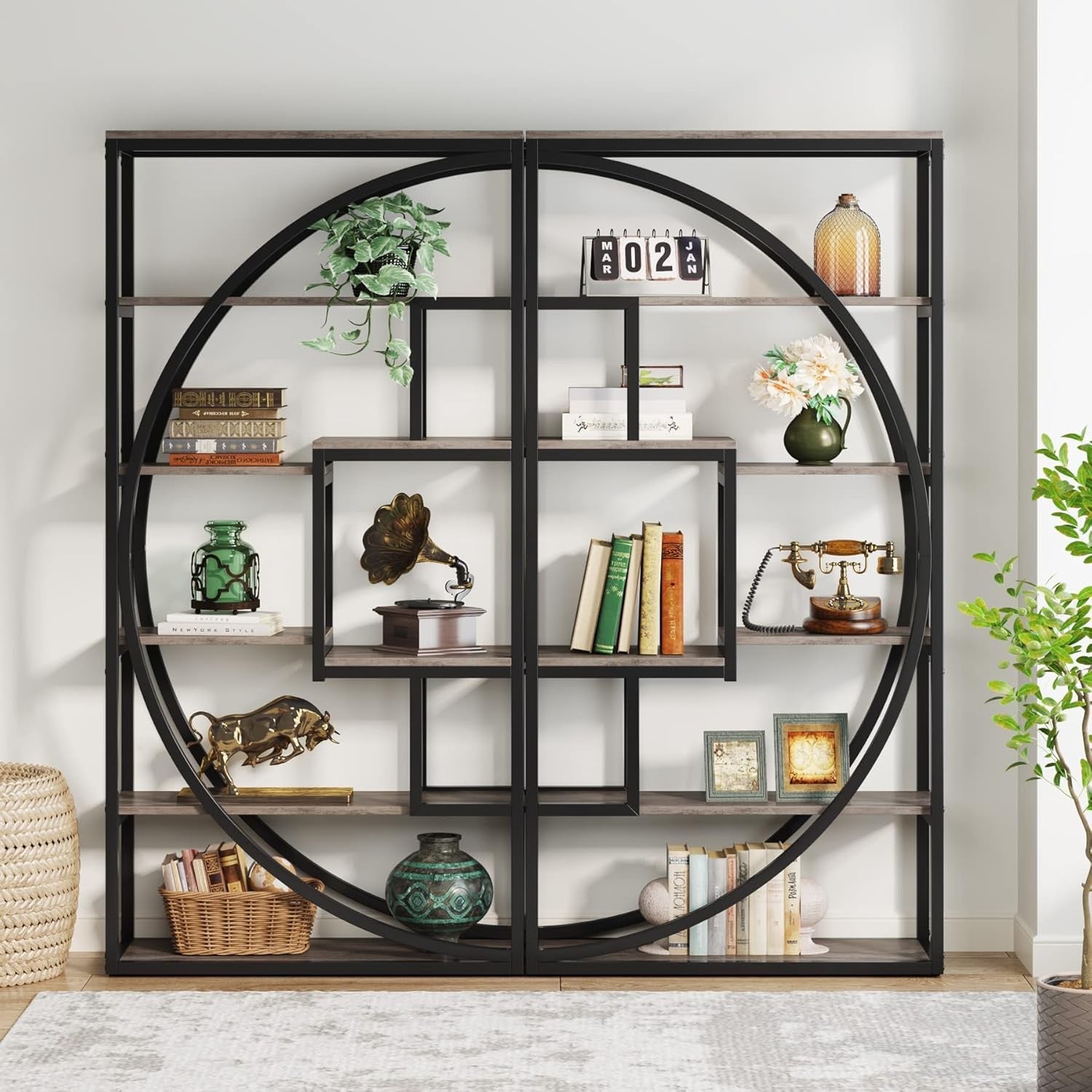 Industrial 5-Tier Geometric Bookshelf Tall Display Unit with 8 Open Shelves