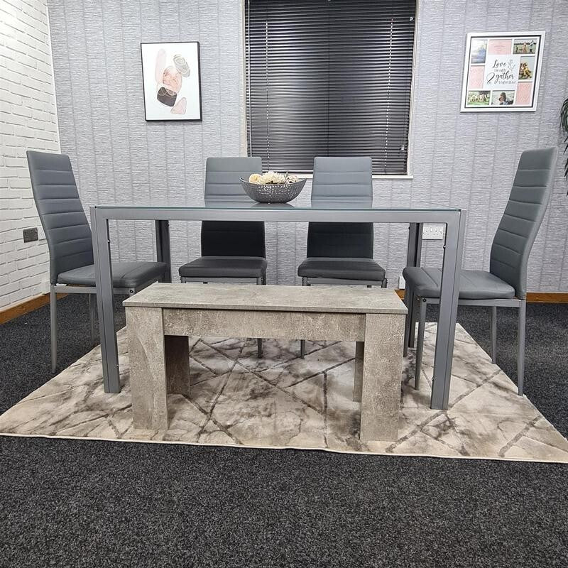 Grey Glass Dining Table Set 6 Seater with 4 Chairs & Bench for Kitchen