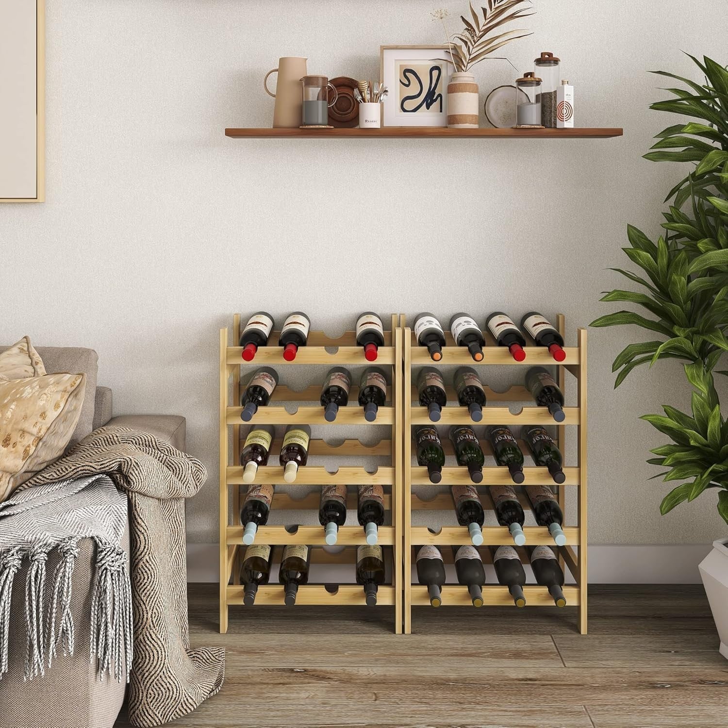 5 Tier Wooden Wine Rack 20 Bottle Storage Shelf Free Standing Natural Wood
