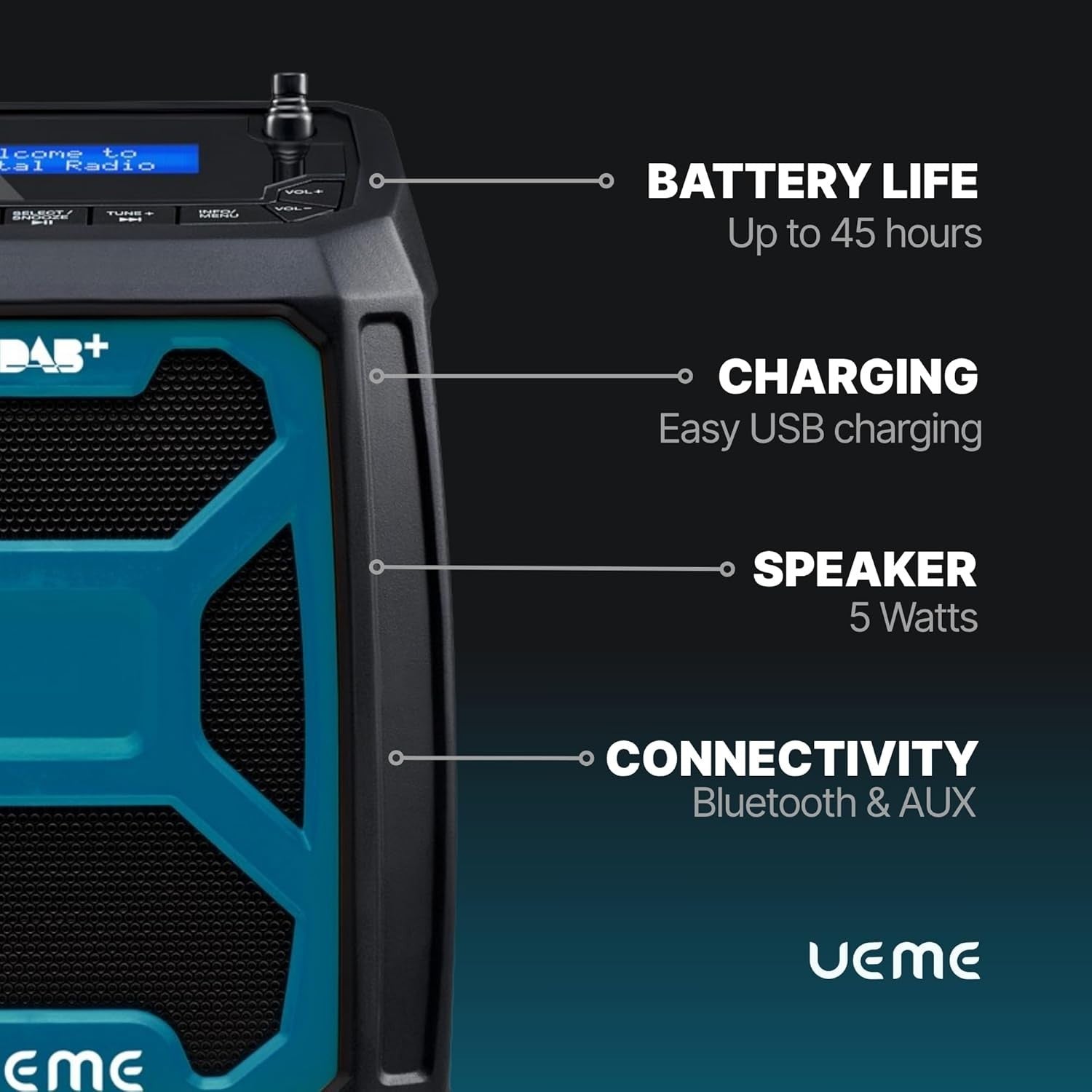 Rugged DAB+ FM Site Radio Bluetooth 6000mAh USB Rechargeable Blue