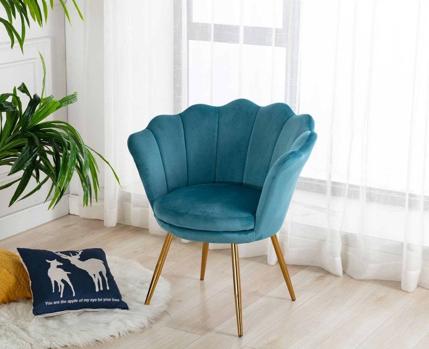 Blue Velvet Lounge Chair Gold Legs | Petal Back Armchair for Bedroom