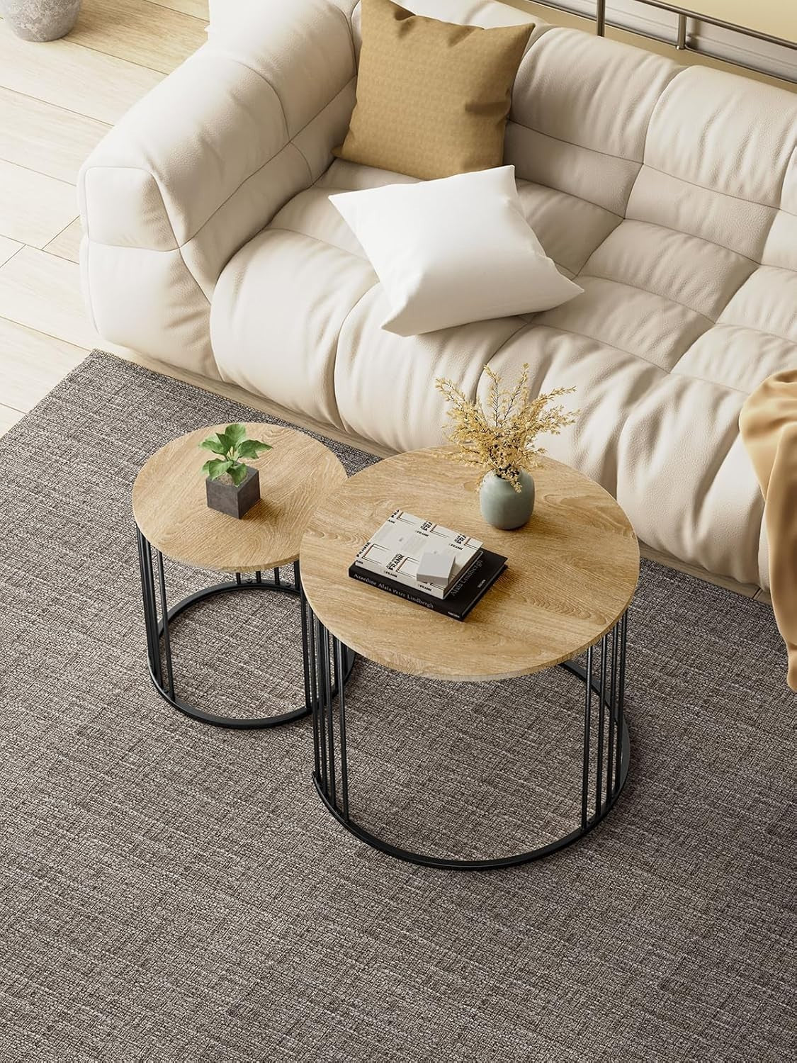 Nesting Coffee Table Set Wood Top Sled Base Modern Living Room Home Furniture