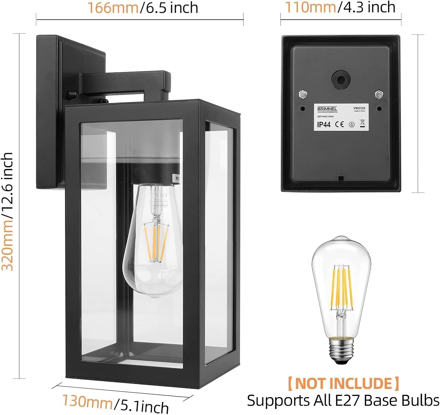 2 Pack Outdoor Wall Lantern Black Aluminum Porch Lights with Glass Shade