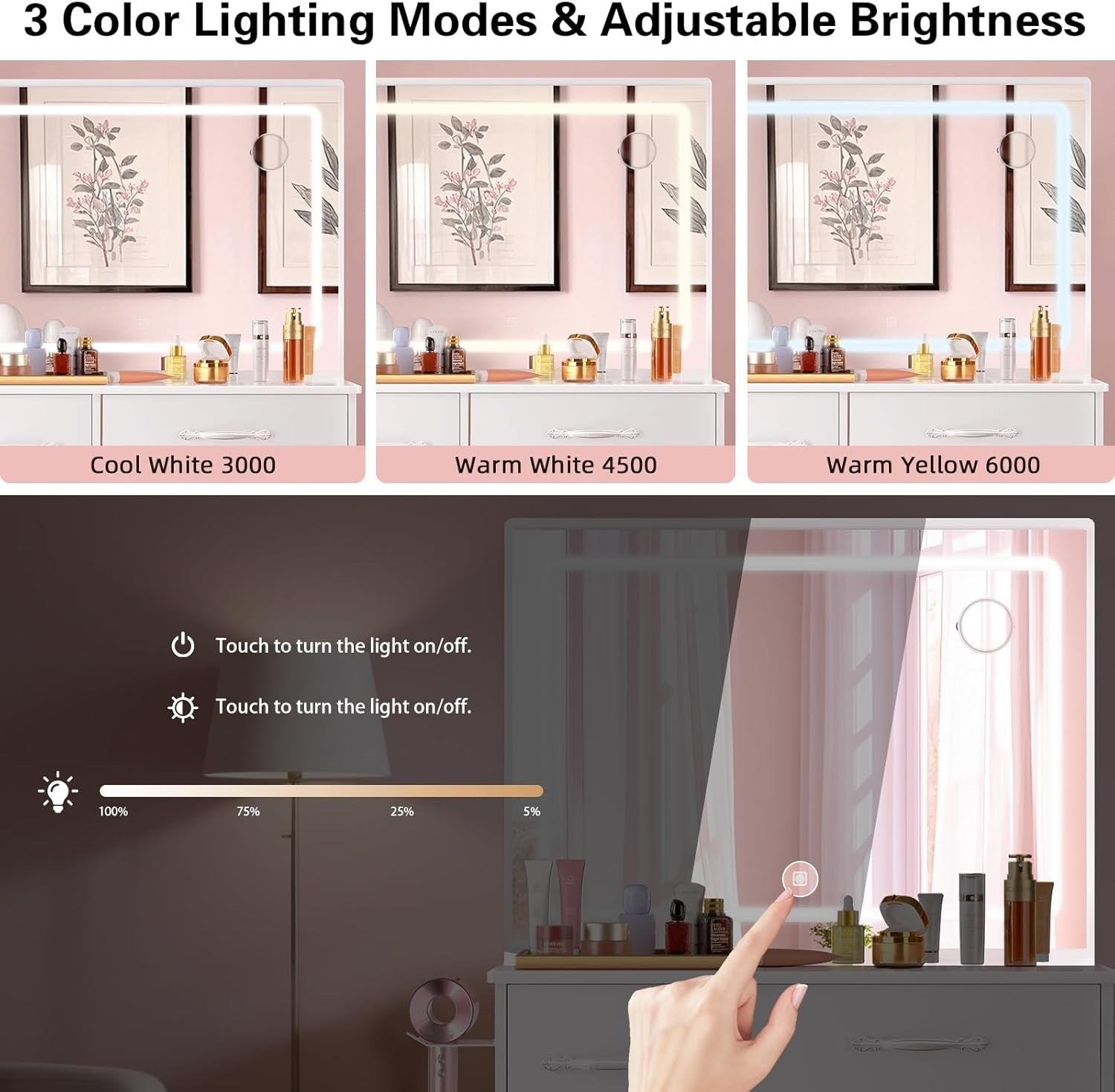 White LED Dressing Table Set w/10 Lights Mirror 5 Drawers Corner Vanity Desk