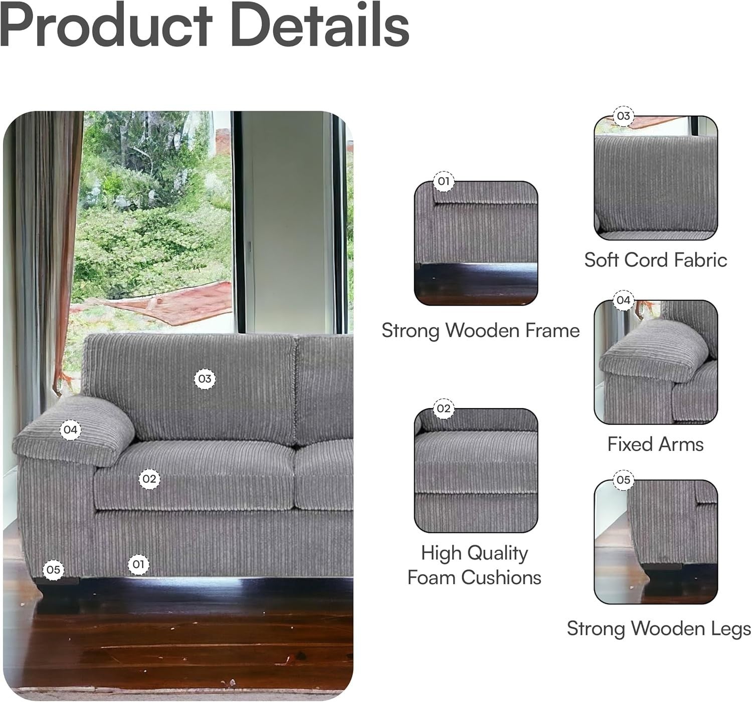 Grey Jumbo Cord L-Shape 4-Seater Corner Sofa – Stylish, Space-Saving Comfort