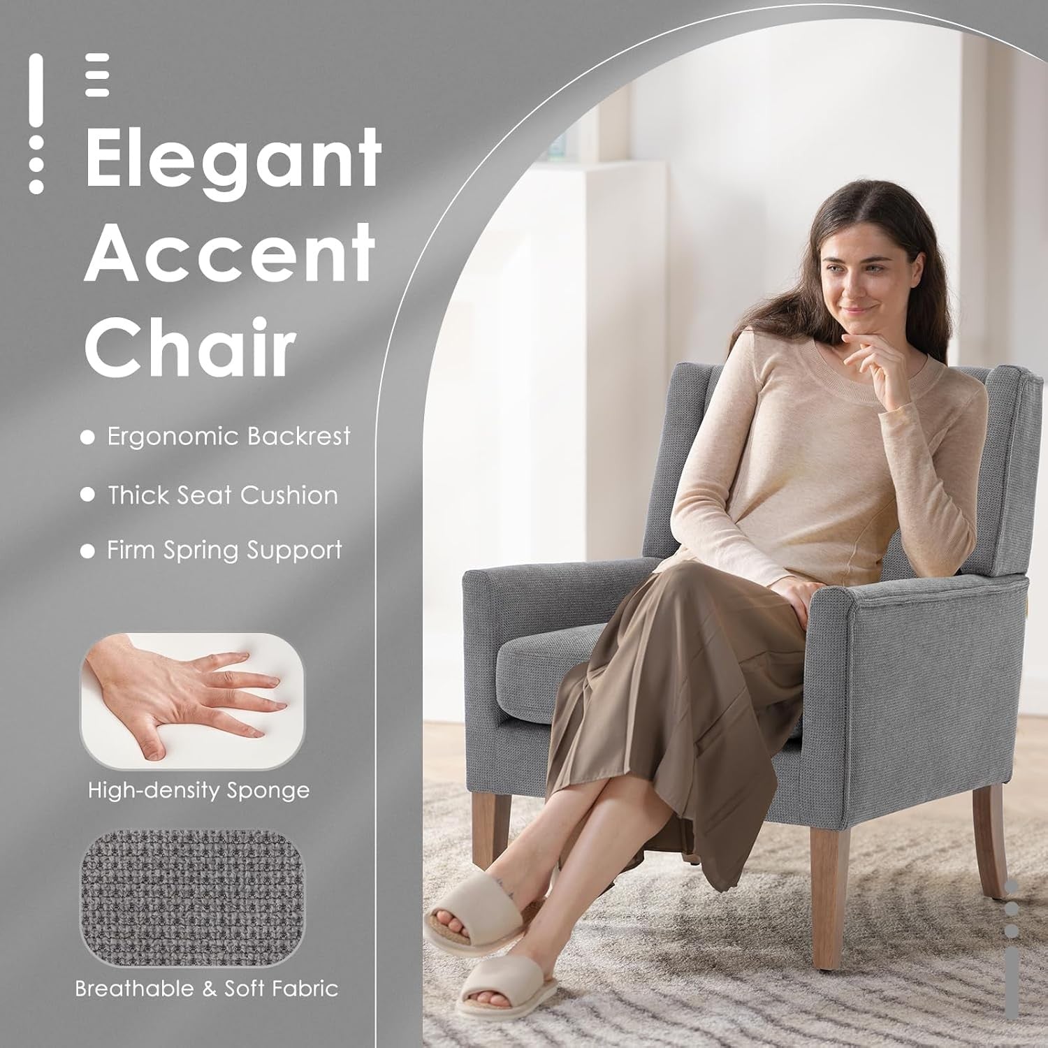 Grey Wingback Accent Armchairs Set of 2 Upholstered Wood Legs