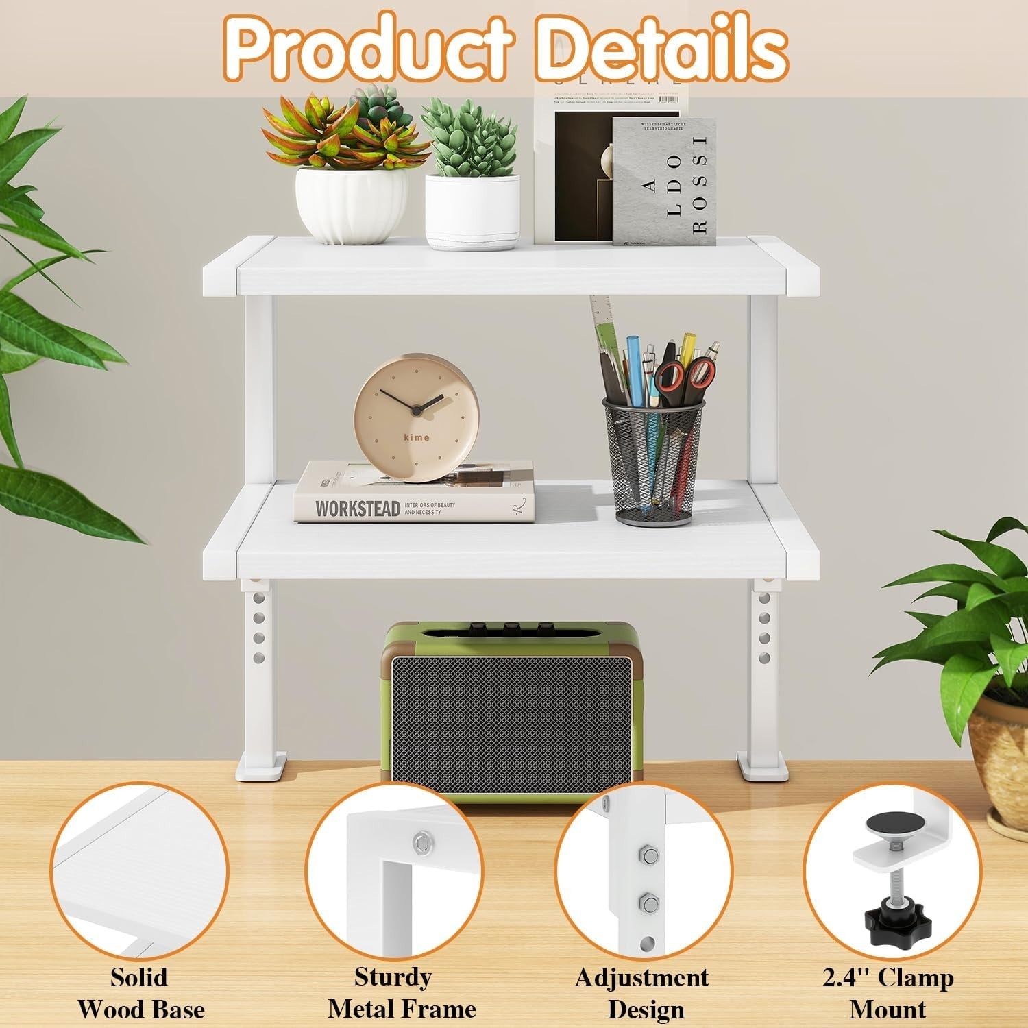 Clamp-On 2-Tier Adjustable Desk Shelf Organizer Rustic Brown 33cm