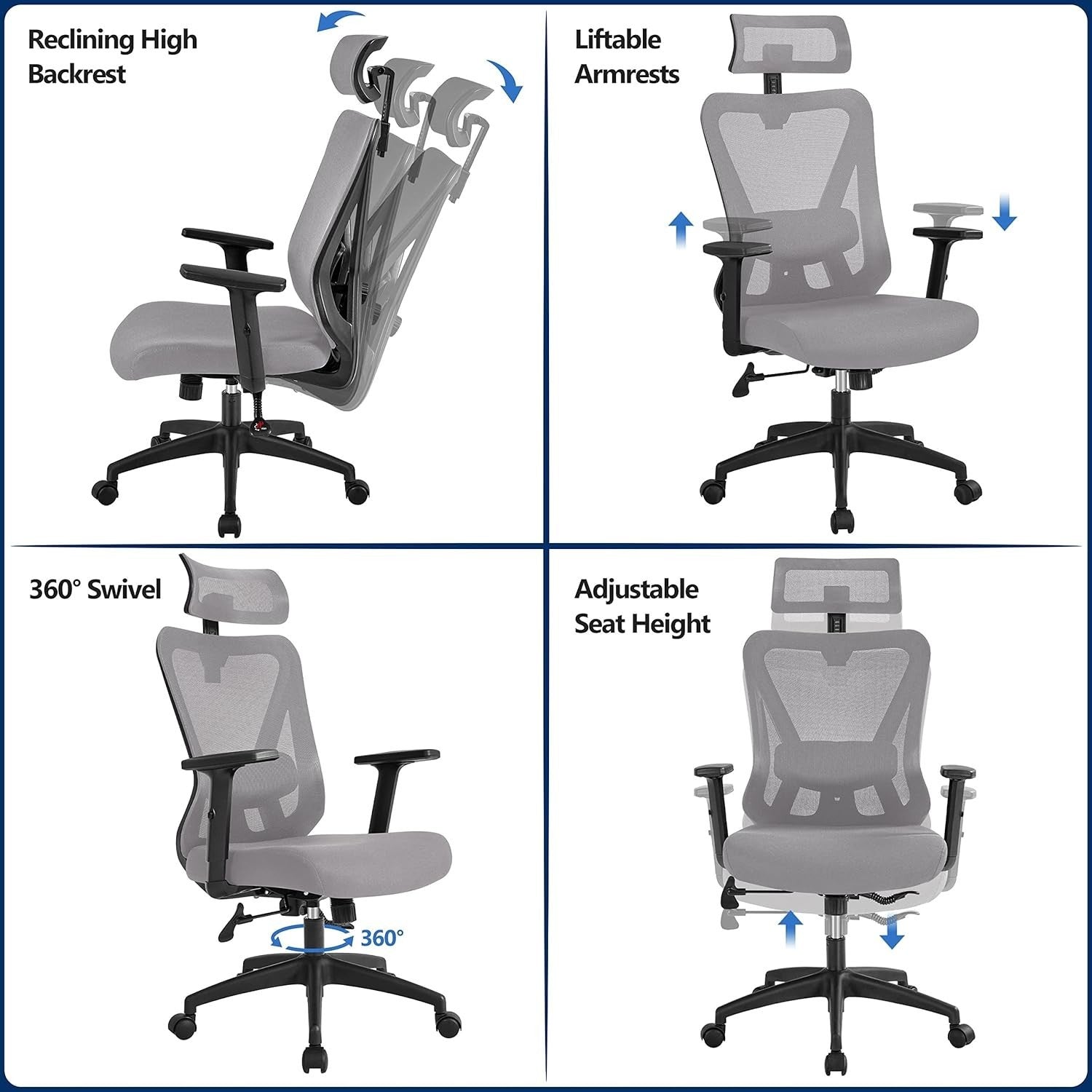 Ergonomic Mesh Office Chair Swivel Computer Desk Seat Reclining Grey 300lbs Max
